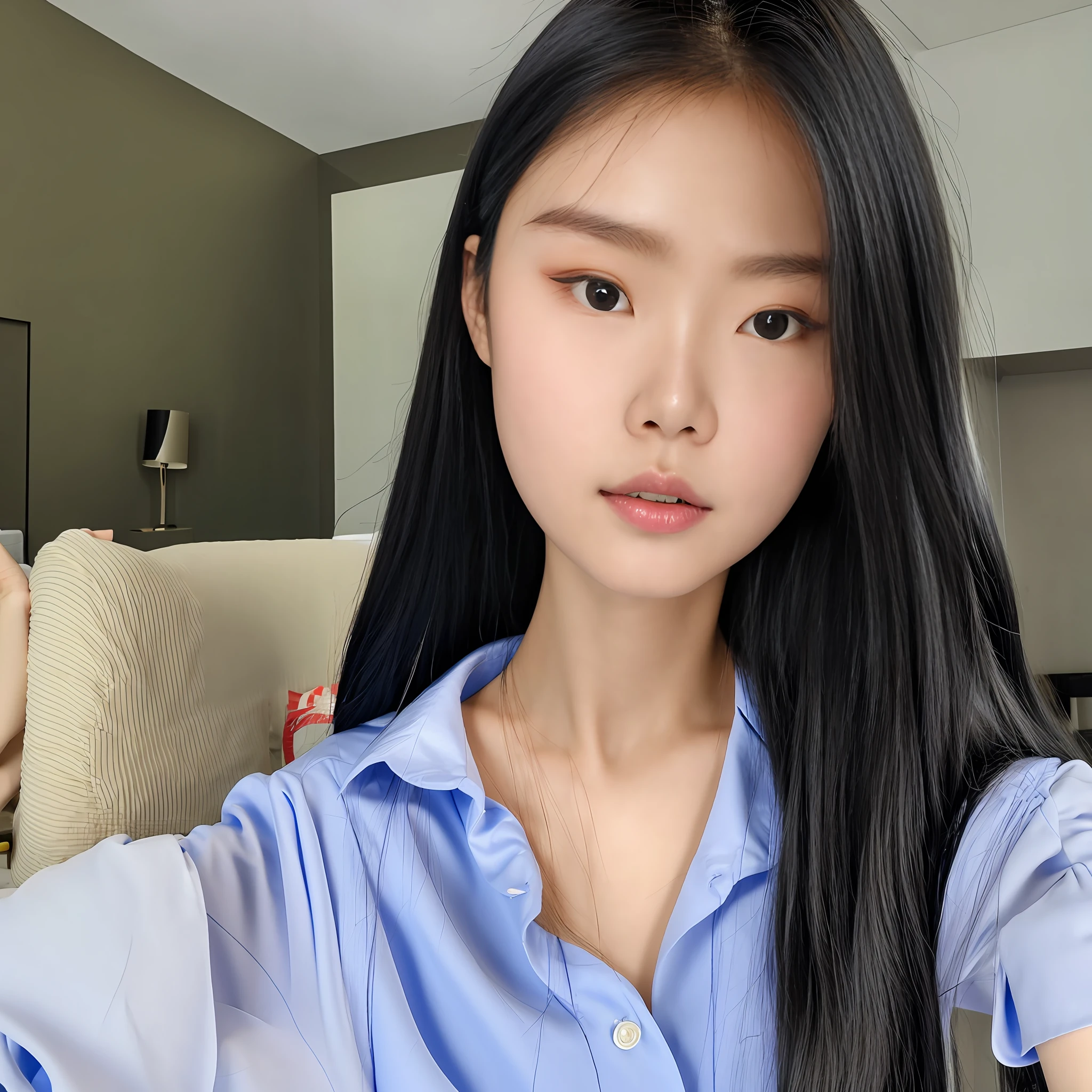 Arakfi Asian woman，Long black hair and blue shirt, 8k selfie photograph, xintong chen, Korean girl, 19-year-old girl, Gorgeous young Korean woman, ulzzangs, beautiful Korean women, wenfei ye, Beautiful young Korean woman, xision wu, yanjun cheng, chengyou liu, Chinese girl