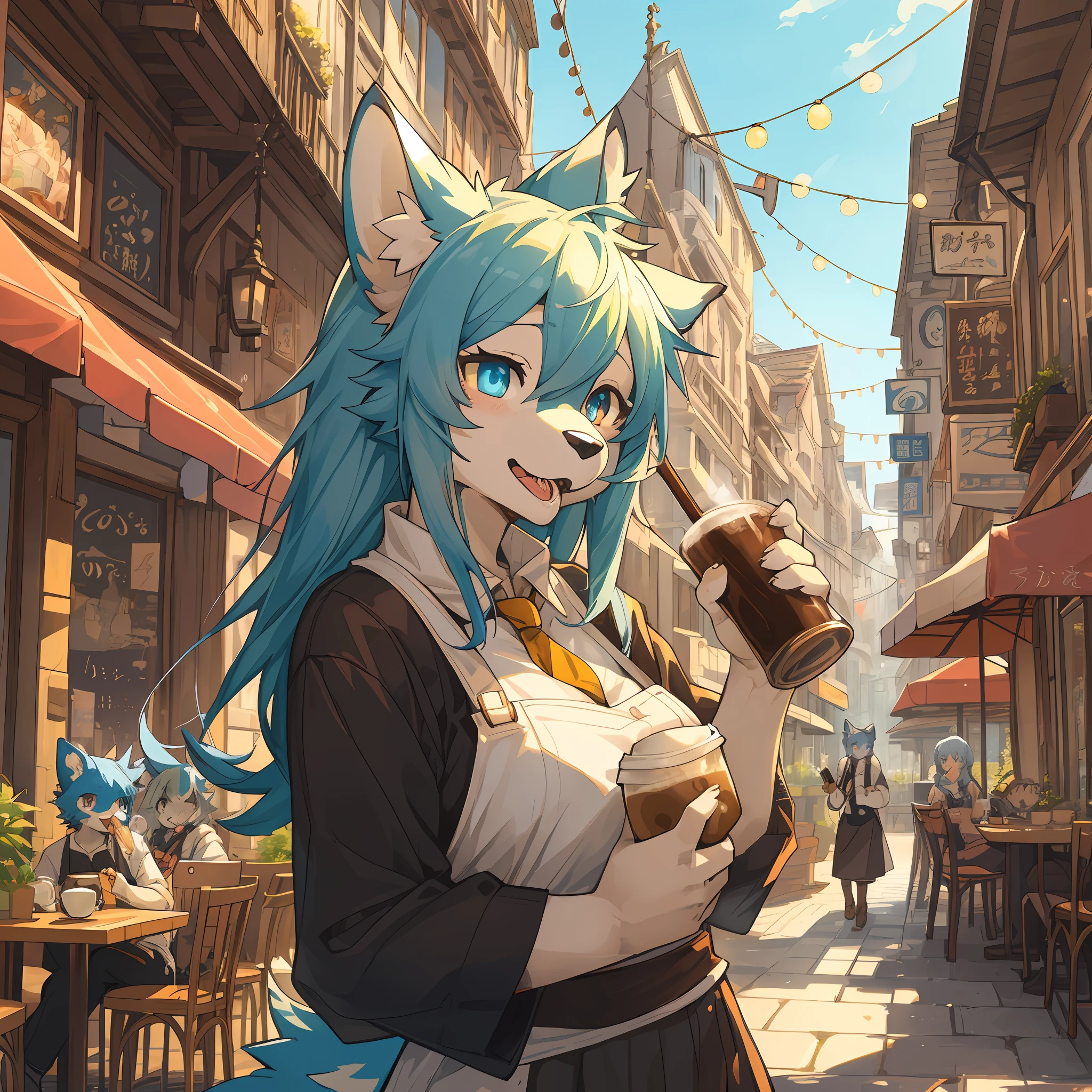 top quality, best quality, High-quality illustrations, masterpiece, super high resolution, detailed background, detailed background, cafe, Terrace, drink, eating, coffee, staff, 6+boys, 6+girls, absurdres(highly detailed beautiful face and eyes)perfect anatomy, expression, good lighting, cinematic shadow(kemono, furry anthro),