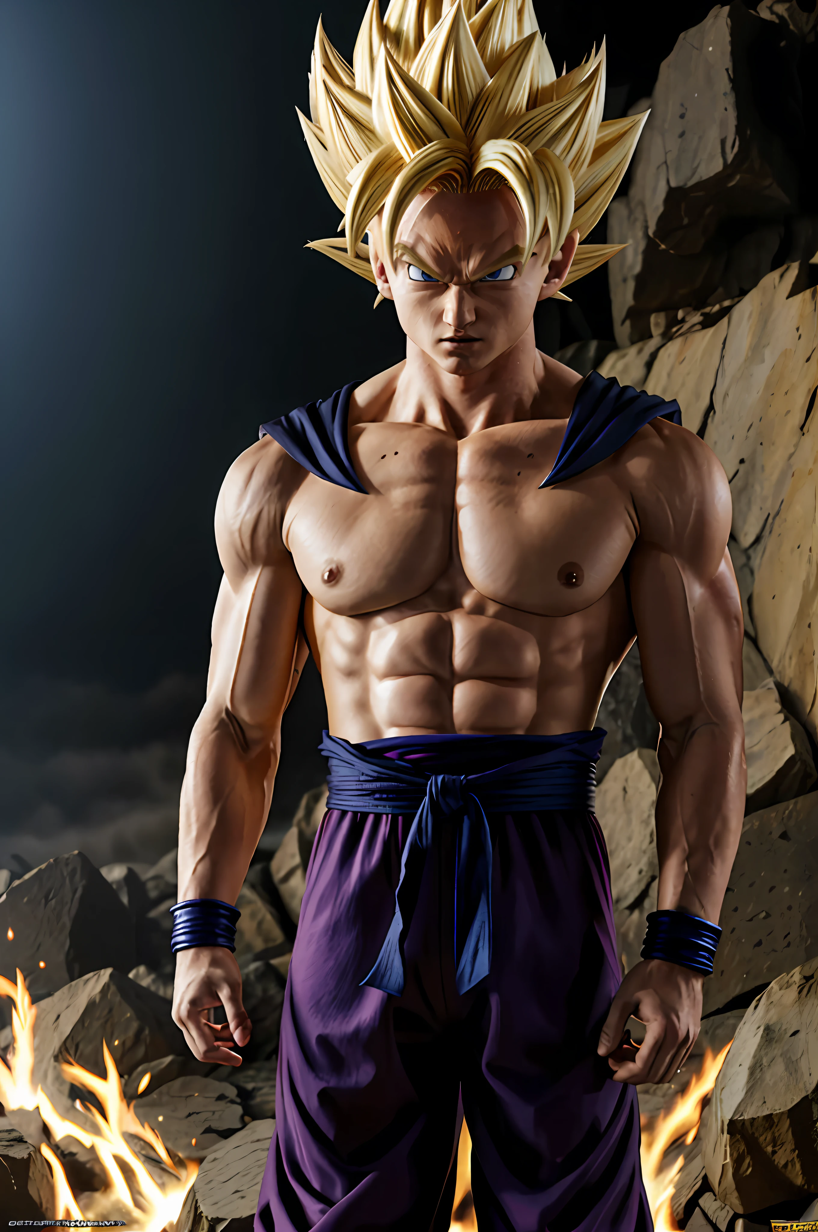 Imagem realista e ultra detalhada de Gohan Super Saiyajin, olhos detalhados, Realistic human characteristics