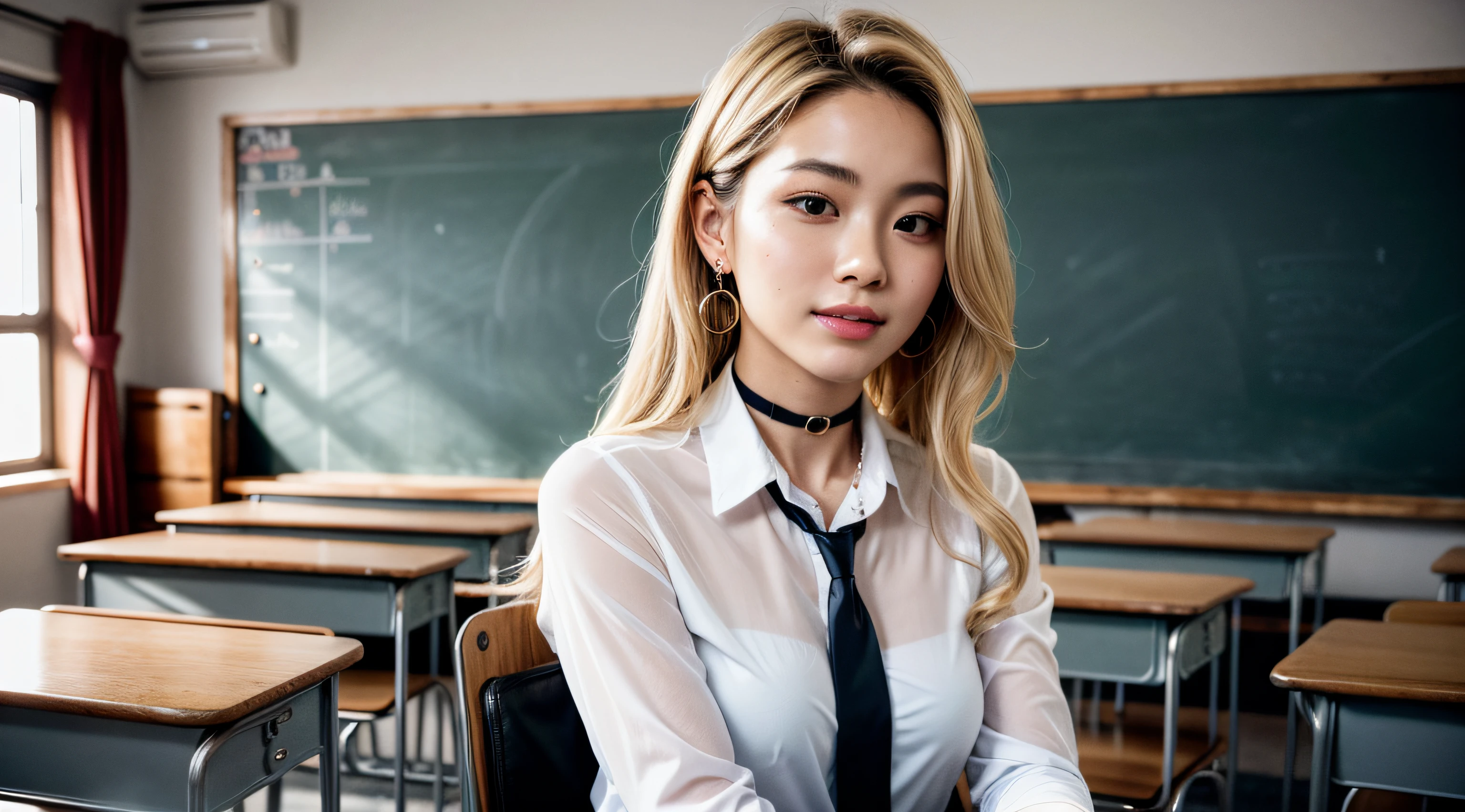 (realistic:1.3), finely detailed, quality, rembrandt lighting, (masterpiece:1.2), (photorealistic:1.2), (best quality), (detailed skin:1.3), (intricate details), dramatic, ray tracing, 1girl, japanese girl, 21 years old, detailed skin texture, (blush:0.5), (goosebumps:0.5), subsurface scattering, smiling, medium breasts, kitagawa marin, (blonde hair:1.2), long hair, multicolored hair, jewelry, earrings, piercing, school uniform, white shirt, tied shirt, black choker, blue necktie, plaid skirt, dynamic pose, (bright sunny day, school classroom, blackboard, school desks, chairs),