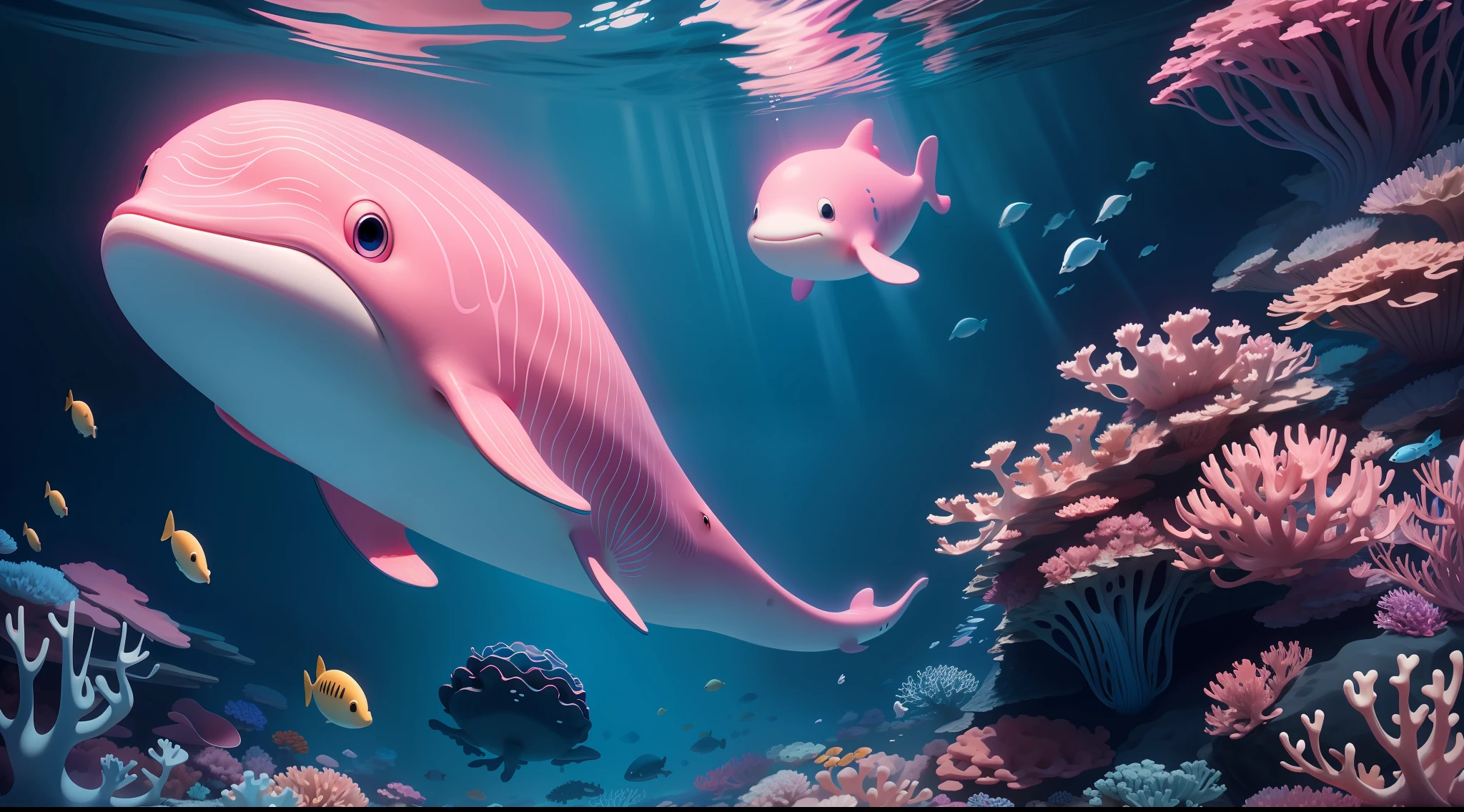 A beautiful fluffy pink whale swimming among corals and jellyfish at the bottom of the dark blue ocean, high quality, 8k, high details, pixar style, cartoon, disney style