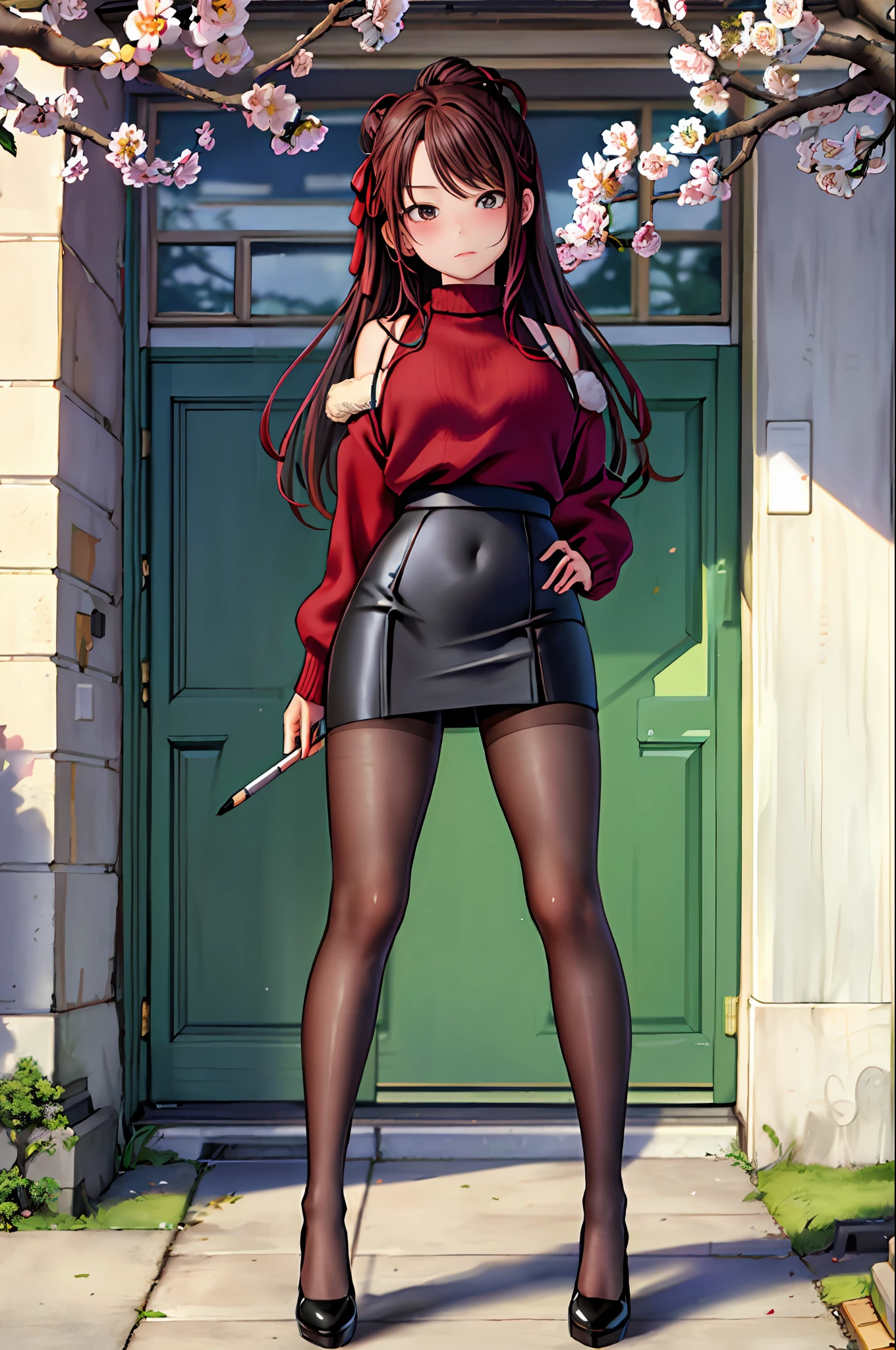 tmasterpiece,Need,8K,Girl,teens girl,Plum eyes,brown pubic fur,bobo head,Envy face,Shine,middlebreast,Exquisite facial features,Squinting expression,Beautiful leg line:1.3,thick thight,Big Thin waist,校服,High socks,tiese,((pencil skirts)), red high heel pumps, lacepantyhose,, pathway_stilt_with_full bloom_cherry_Blossom_Green trees,,view the viewer,From below,full bodyesbian, legsupms,
