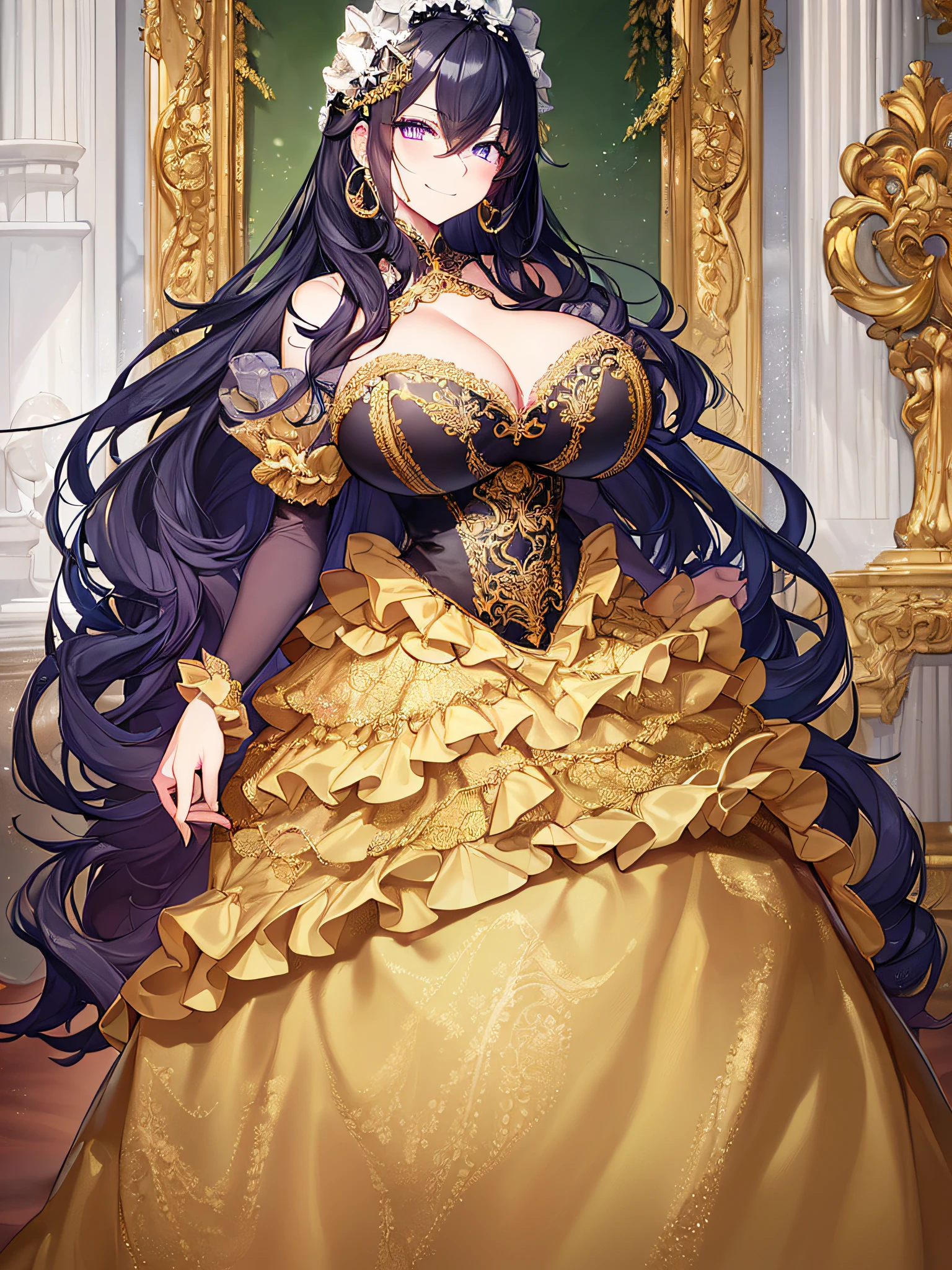 ((anime artstyle)),(Masterpiece),(Best Quality), (Super Detail),((Very Delicate and Beautiful)),((Solo)),((full body)),(((1 arrogant princess in gorgeous and brightly colored gorgeousfull rococo dress))),(Purple eyes),Sharp eyes,detailed face and eyes,jewel-like eyes,(arrogant),((smirk)),dominant pose,((voluminous Very Long Hair,Straight Hair)),black hair,((Bangs between eyes)),((gigantic tits,Long tits)),curvy,skindentation,(gorgeousfull embroidery and lace),gorgeous corsage,See-through,gorgeousfull hair ornament,gorgeousfull glitter jeweled tiara,ornate ruffles,((full body)),((hoop skirt,crinoline)),Dynamic Angle,Looking at viewer,(((gorgeous and brightly colored gorgeousfull rococo dress)),full body