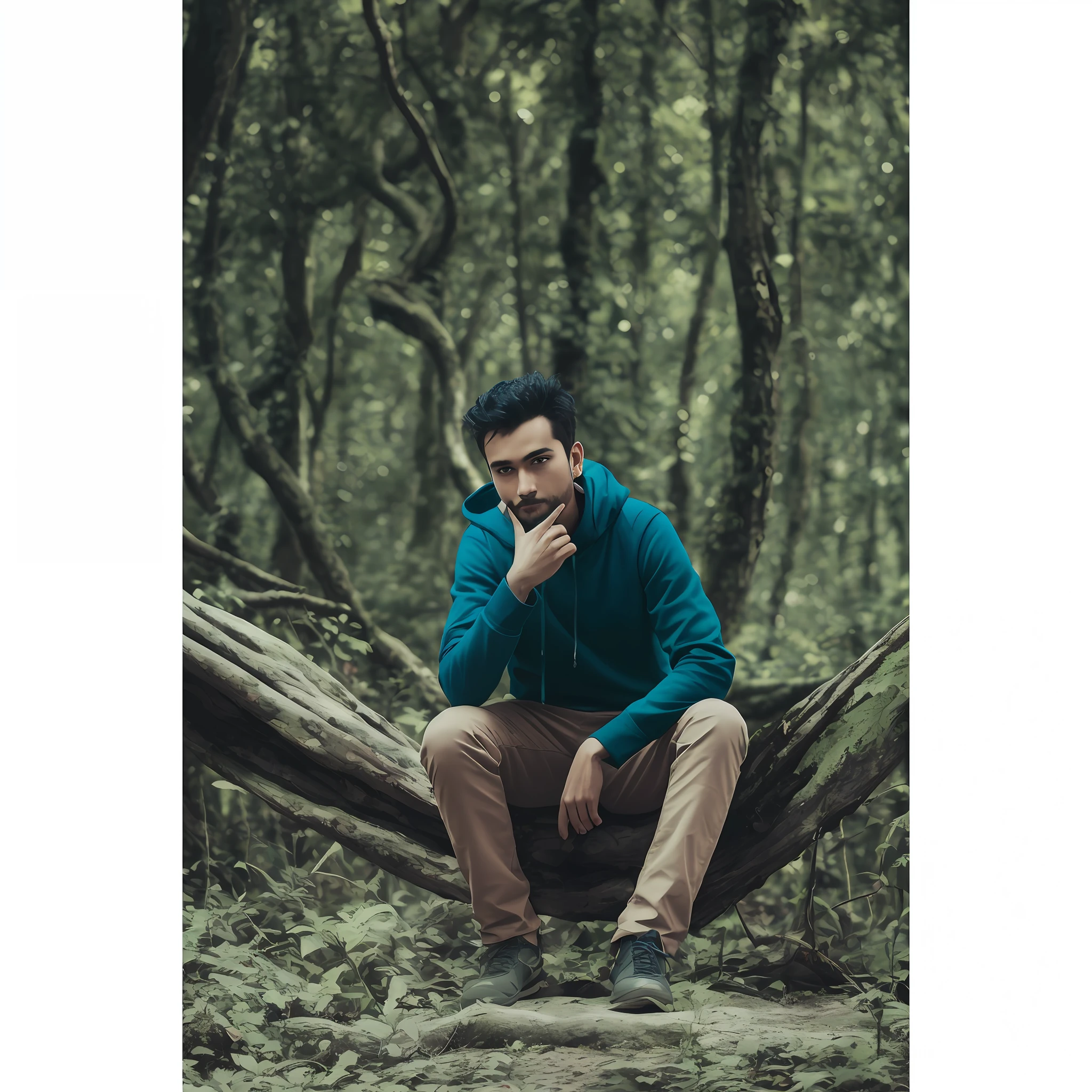 there is a man sitting on a tree trunk in the woods, sitting in the forrest, mid shot portrait, in forest, potrait, taken with canon eos 5 d mark iv, amidst nature, environmental portrait, sitting on a tree, looking majestic in forest, casual photography, high quality portrait, taken with canon 5d mk4, sitting in a colorful forest, chilling, with a bike