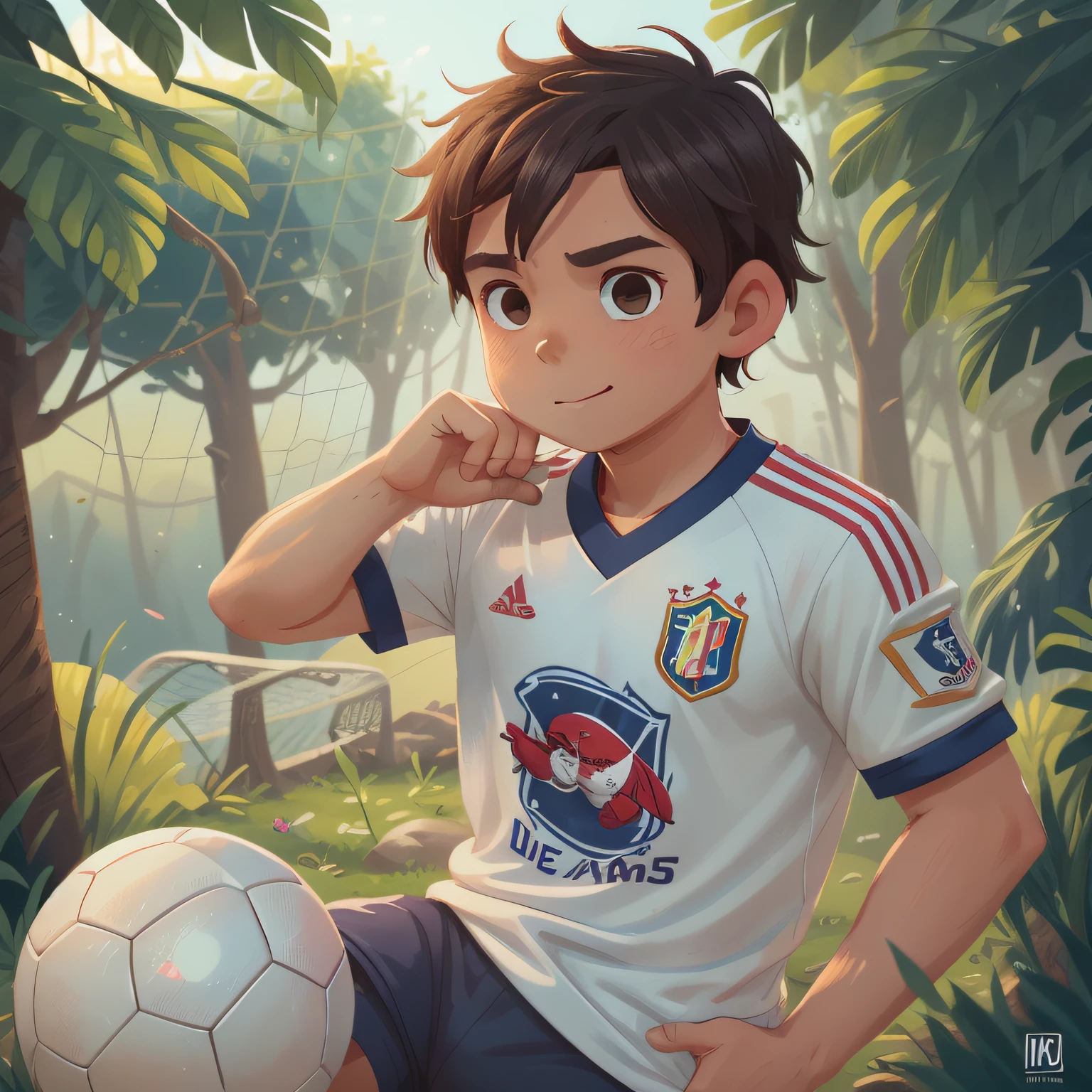  de 9 anos de idade, cabelos castanhos curtos e estilosos, olhos castanhos, with soccer team captain's armband on his right arm, dentro de campo, muito felize e orgulhoso de si mesmo, estilo disney pixar, imagem 8k, ultra hd, todos com muita expressao.