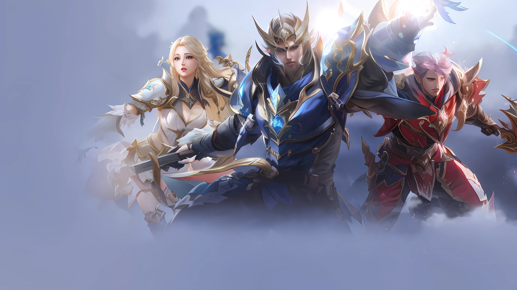 There are three characters in a group of different poses, MMO coreano, Estilo Lineage 2 Revolution, MMORPG coreano, imagem de fundo, MMORPG Fantasia, arte oficial splash, Aion, MMORPG, da linhagem 2, amazing mmorpg, Yiqiang e Shurakrgt, granblue fantasia, 8 K HD WallpaperArtefato jpeg