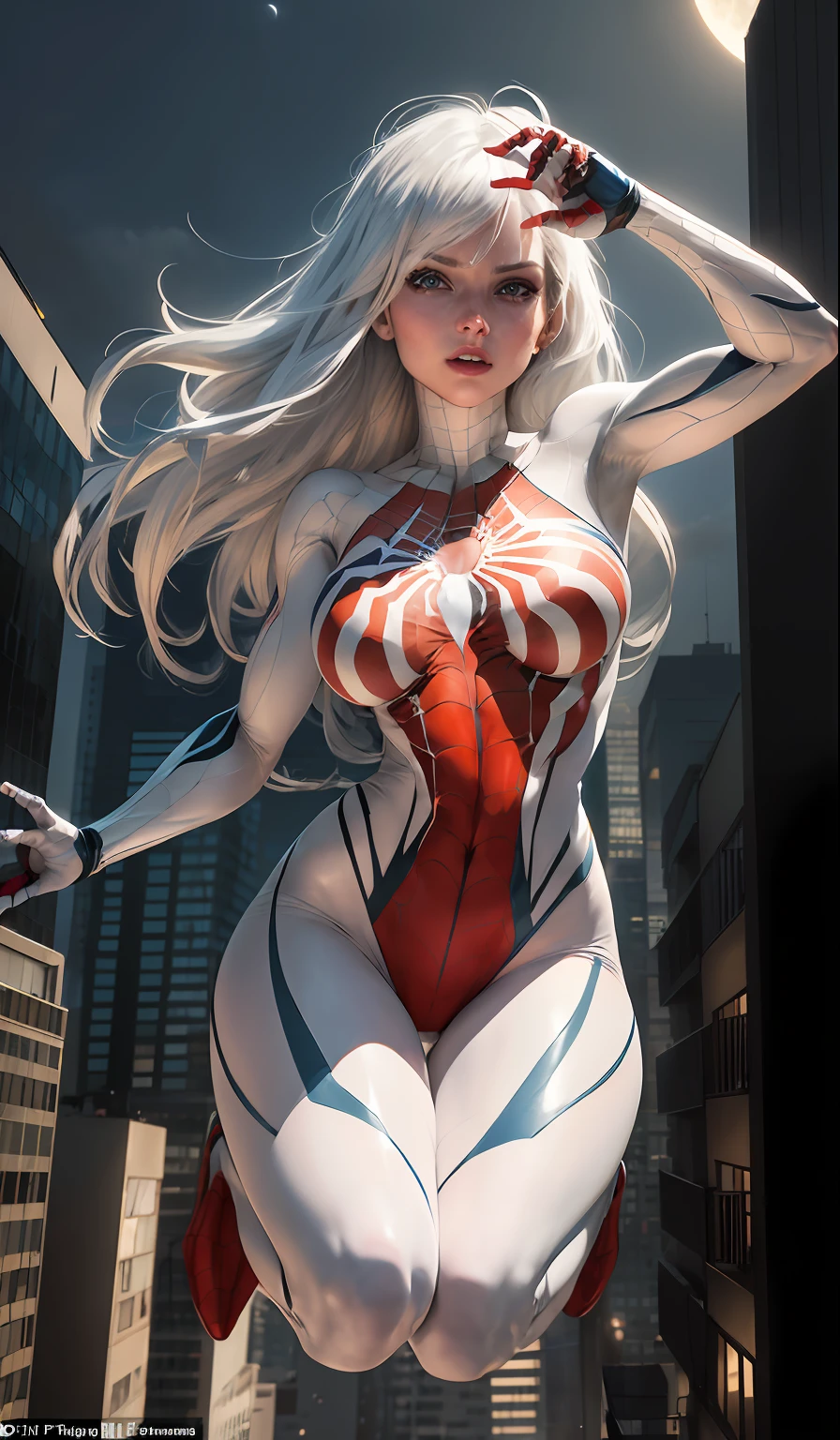 (Masterpiece, 4k resolution, ultra-realistic, very detailed), (White superhero theme, charismatic, there's a girl on top of town, wearing Spider-Man costume, she's a superhero), [ ((25 years), (long white hair:1.2), full body, (blue eyes:1.2), ((Spider-Man pose),show of strength, jumping from one building to another), ((sandy urban environment):0.8)| (cityscape, at night, dynamic lights), (full moon))] # Explanation: The Prompt mainly describes a 4K painting of ultra-high definition, very realistic, very detailed. It shows a superheroine at the top of the city, wearing a Spider-Man costume. The theme in the painting is a white superhero theme, the female protagonist has long white hair, is 25 years old and her entire body is shown in the painting. In terms of portraying the actions of superheroines, spiders are employed