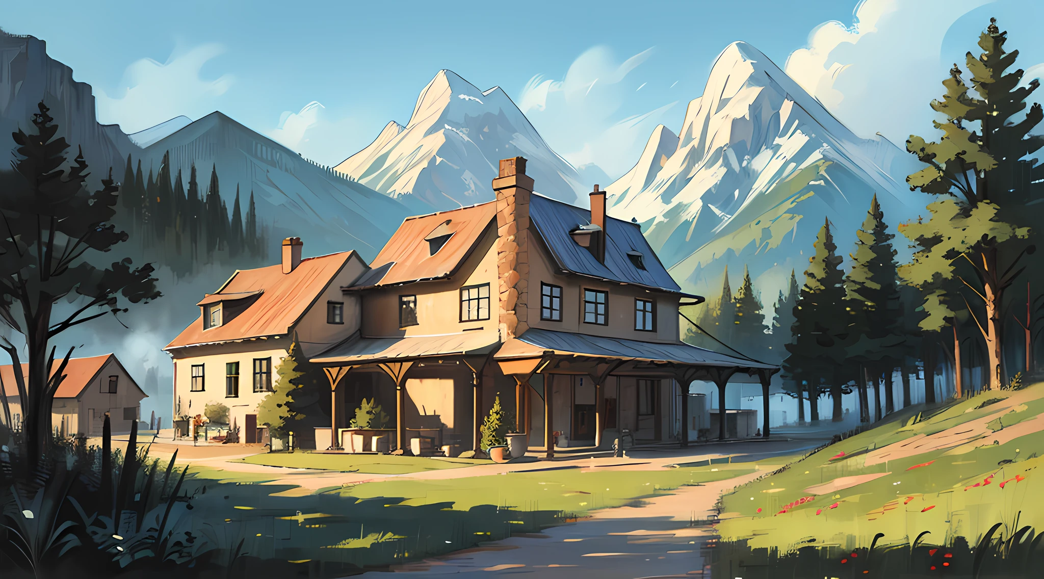 Country house in the mountains, Classical art, oil painted