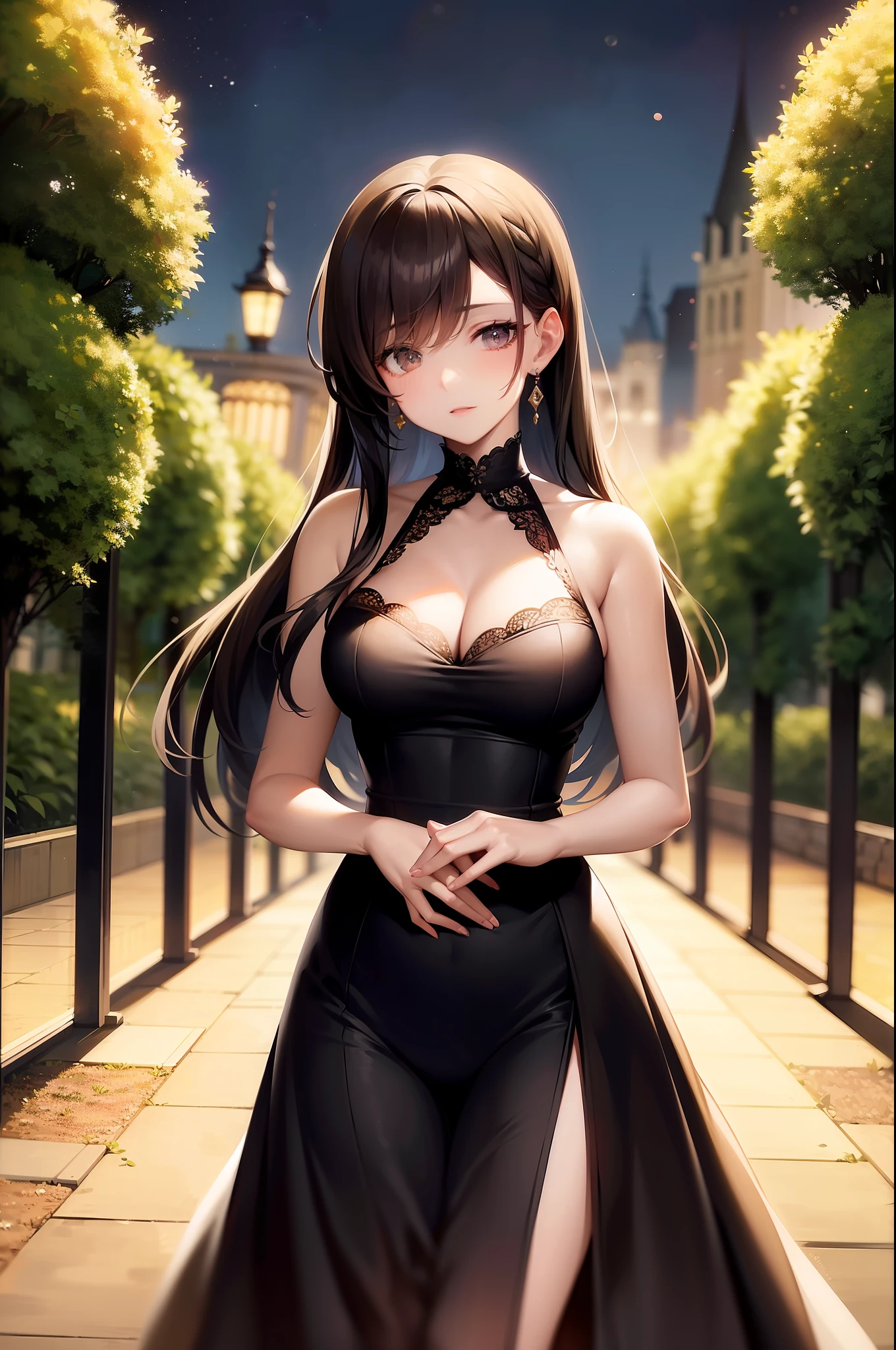 The most beautiful rose bush imaginable and an incredibly elegant young woman, superbly hairstyled, Espectacularmente maquillada y con un vestido deslumbrantemente en colores dorados, negros y grises fabuloso. In a dream garden on a magical night. (obra maestra) (mejor calidad)