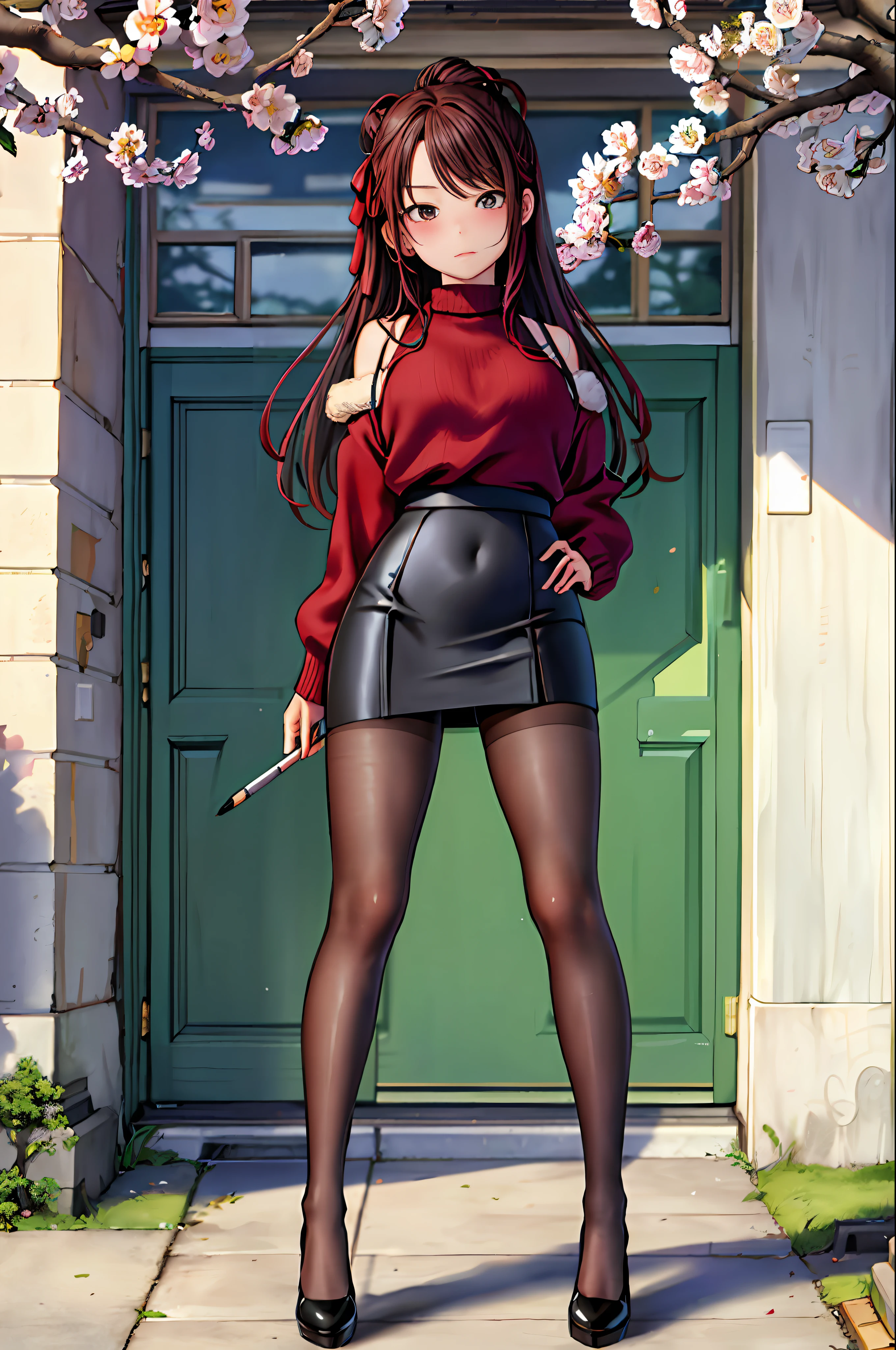 tmasterpiece,Need,8K,Girl,s girl,Plum eyes,brown pubic fur,bobo head,Envy face,Shine,middlebreast,Exquisite facial features,Squinting expression,Beautiful leg line:1.3,thick thight,Big breasts Thin waist,校服,High socks,tiese,((pencil skirts)), red high heel pumps, lacepantyhose,, pathway_stilt_with_full bloom_cherry_Blossom_Green trees,,view the viewer,From below,full bodyesbian, legsupms,