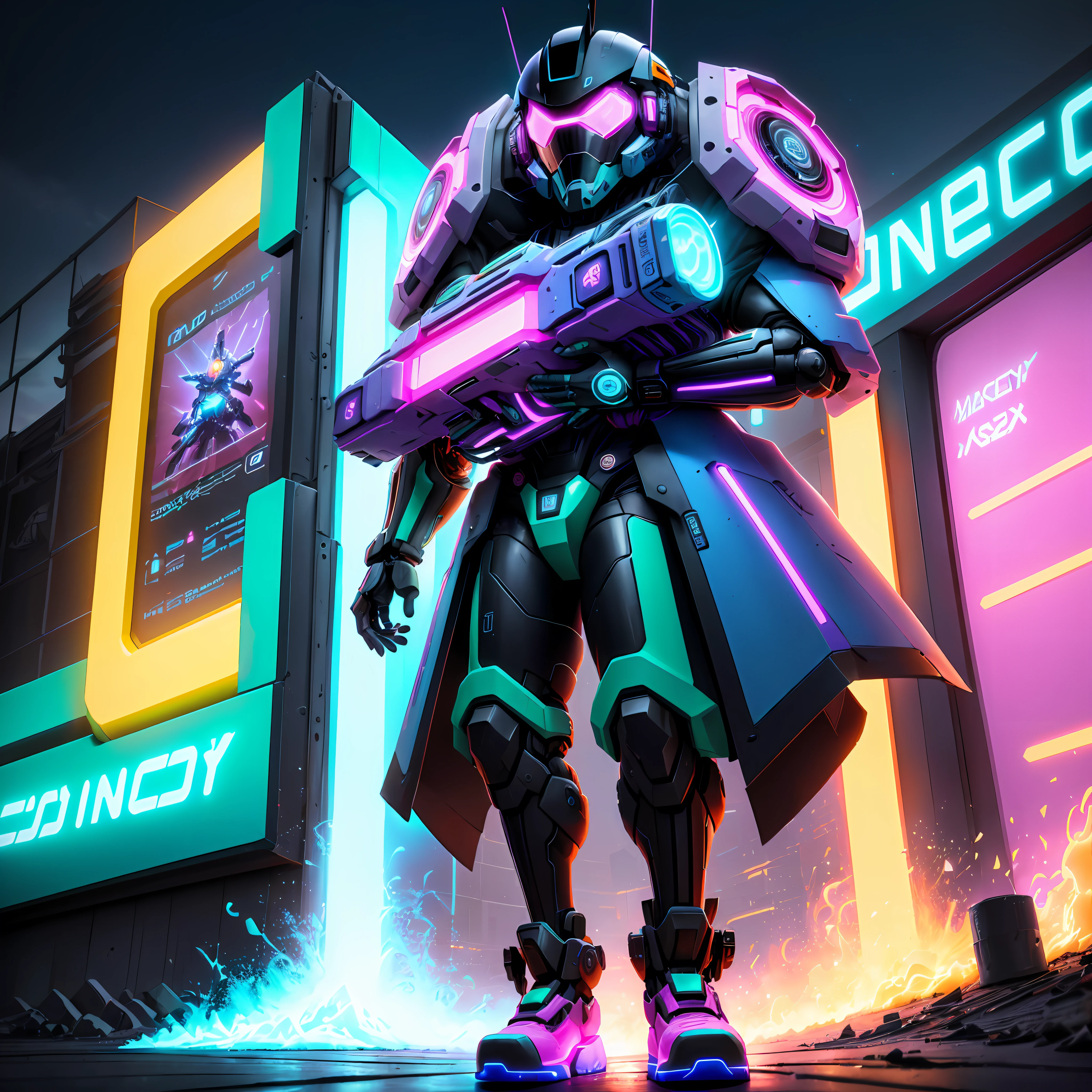 Bright neon character, magica, extranjero, chico, Dressed in a futuristic machine and carrying a mechanical weapon, con un colorido universo de fondo. Pixar Animation, caja ciega funky, Renderizado OC, Trazado de rayos, alta calidad, Alto detalle, high resolusion, 8k, Bust size
