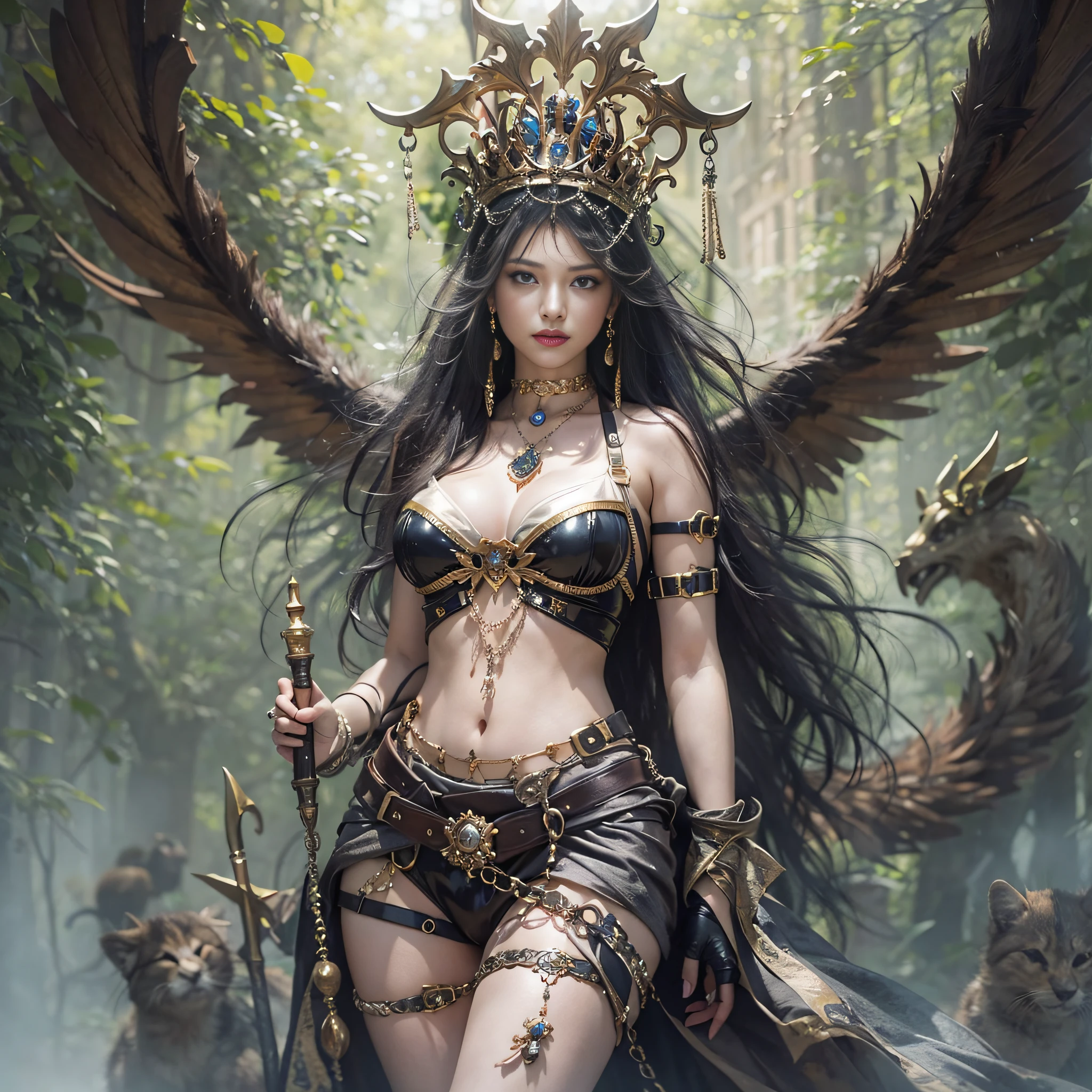 ((masterpiece)、(top-quality)、(reallistic))、beautiful queen:1.4、Bondage style、latex shiny、By Luis Royo:1.4、1girl in、Sexy Daughter、Attractive earrings with impressive beauty、a choker、a necklace、piercings、(Super beauty)、Super Ultra Ultra Bikini、standingn、fullllbody:1.4、(Beauty in return)、Fantastic mythological landscape