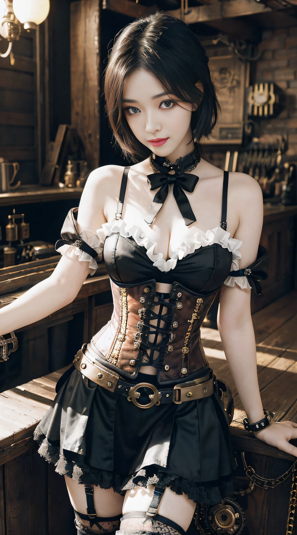 8K raw photos、hight resolution、Sexy 21 year old cool Korean in alafile posing with corset and garter in photo, steampunk beautiful anime woman, a steampunk beautiful goddess, like lady mechanika, wearing steampunk attire, in a steampunk world,Vivid steampunk concept, ( Steampunk ), ornate cosplay, Steampunk Girl, Steampunk, in a steampunk world, Steampunk style, steampunk aesthetic, steampunk fantasy style, steampunc, Steampunk style, Beautiful eyes for every detail of cosplay、long eyeslashes、Beautiful double eyelids、eyeshadows、Slender eyes、Sanpaku eyes、Dark Eye Makeup、evil smile、Beautiful and thin legs、Short hair tied at the back、耳环、