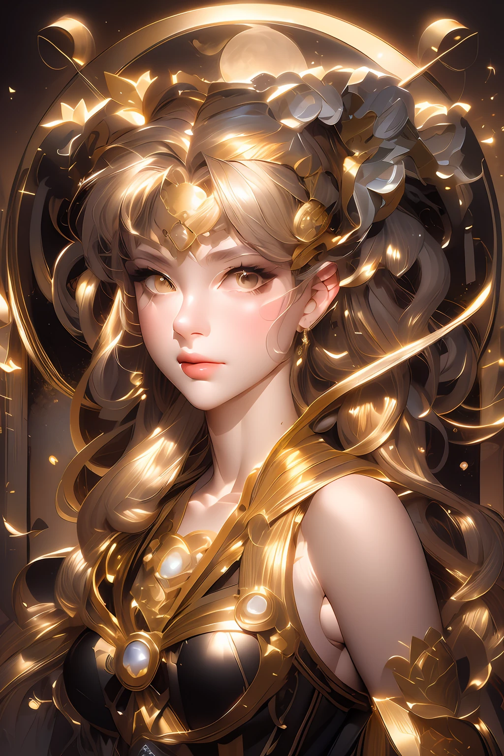 a drawing of a woman with long hair and a crown, portrait knights of zodiac girl, beautiful line art, artgerm. high detail, highly detailed exquisite fanart, extremely detailed artgerm, goddess. extremely high detail, knights of zodiac girl, artgerm mucha, goddess of the moon, lunar goddess, ((a beautiful fantasy empress))