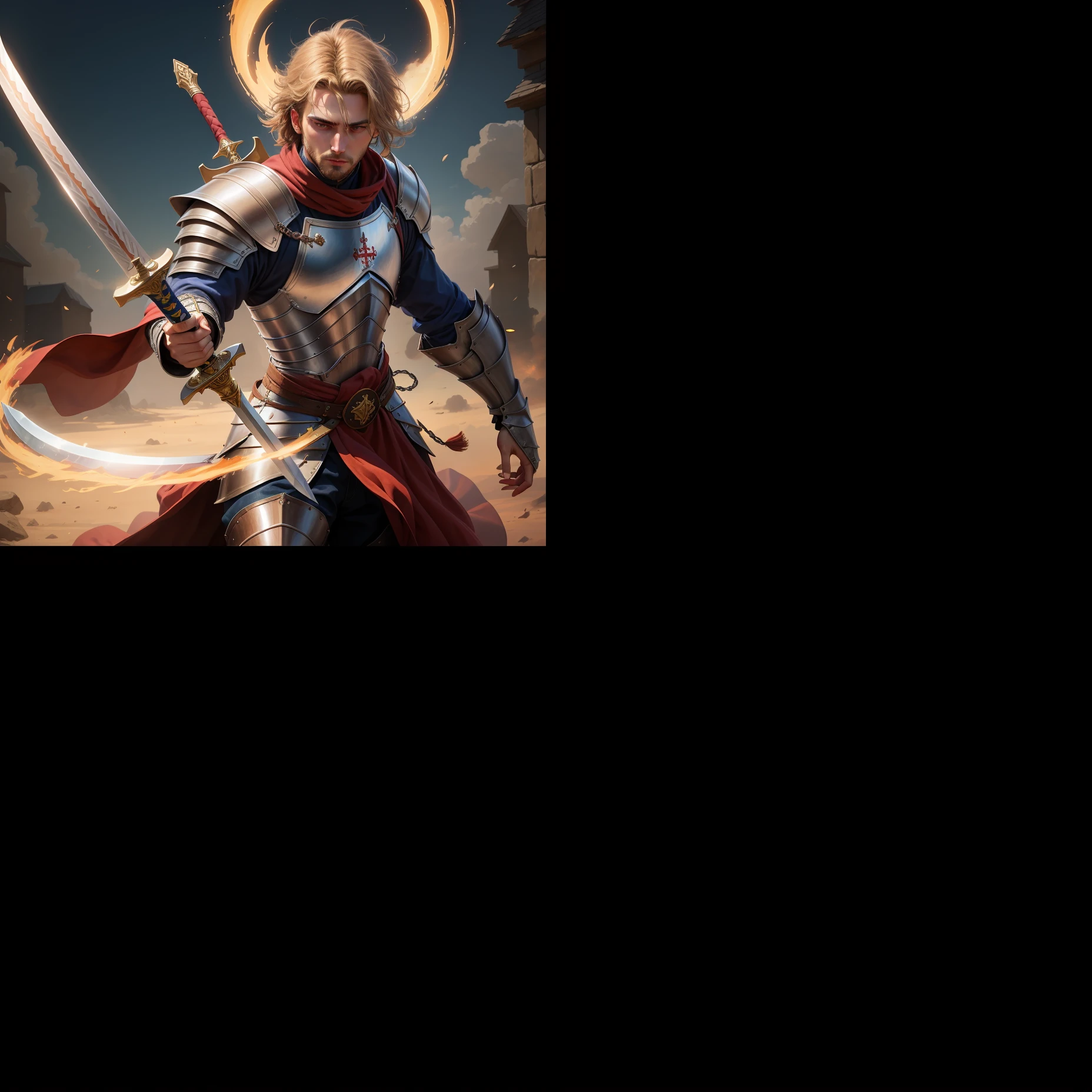 realistic drawing of a medieval knight holding a sword a simple battle background the sky as if it were a circle frame with medieval detail or some symbol of the time