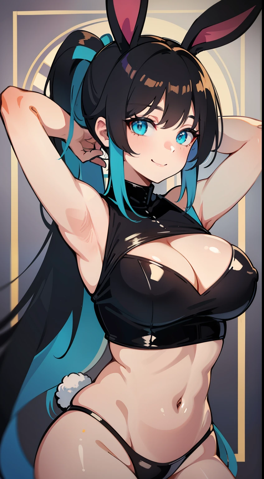 Adult woman, Long black hair, high ponytail, bunny ears, turquoise eyes, Black tight top, ssmile, Masterpiece, hiquality
