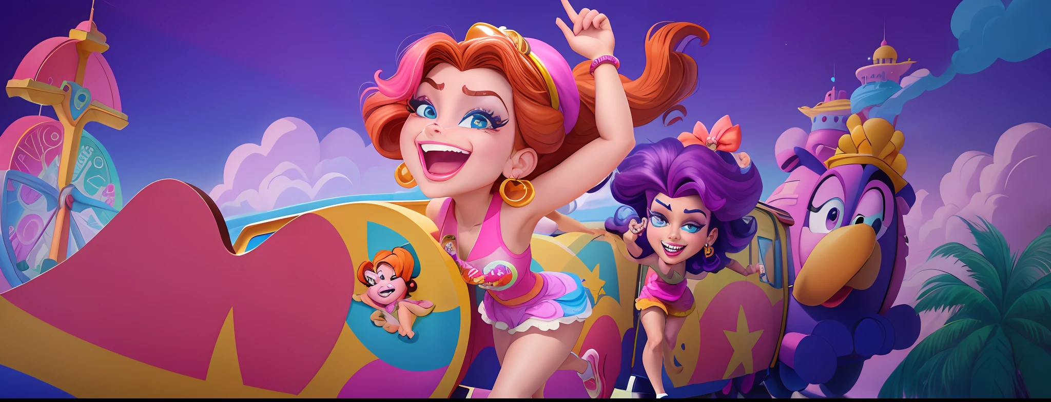 There is a cartoon picture of a woman riding a train, megara, in a lisa frank art style, animated movie still, disney 2d animation still, jen bartel, An amusement park, animated still, animated still, disney artstyle, videogame still, animated movie still, the wallpaper!, Stylized digital illustration, Very excited, arte de fundo, art in the style of disney