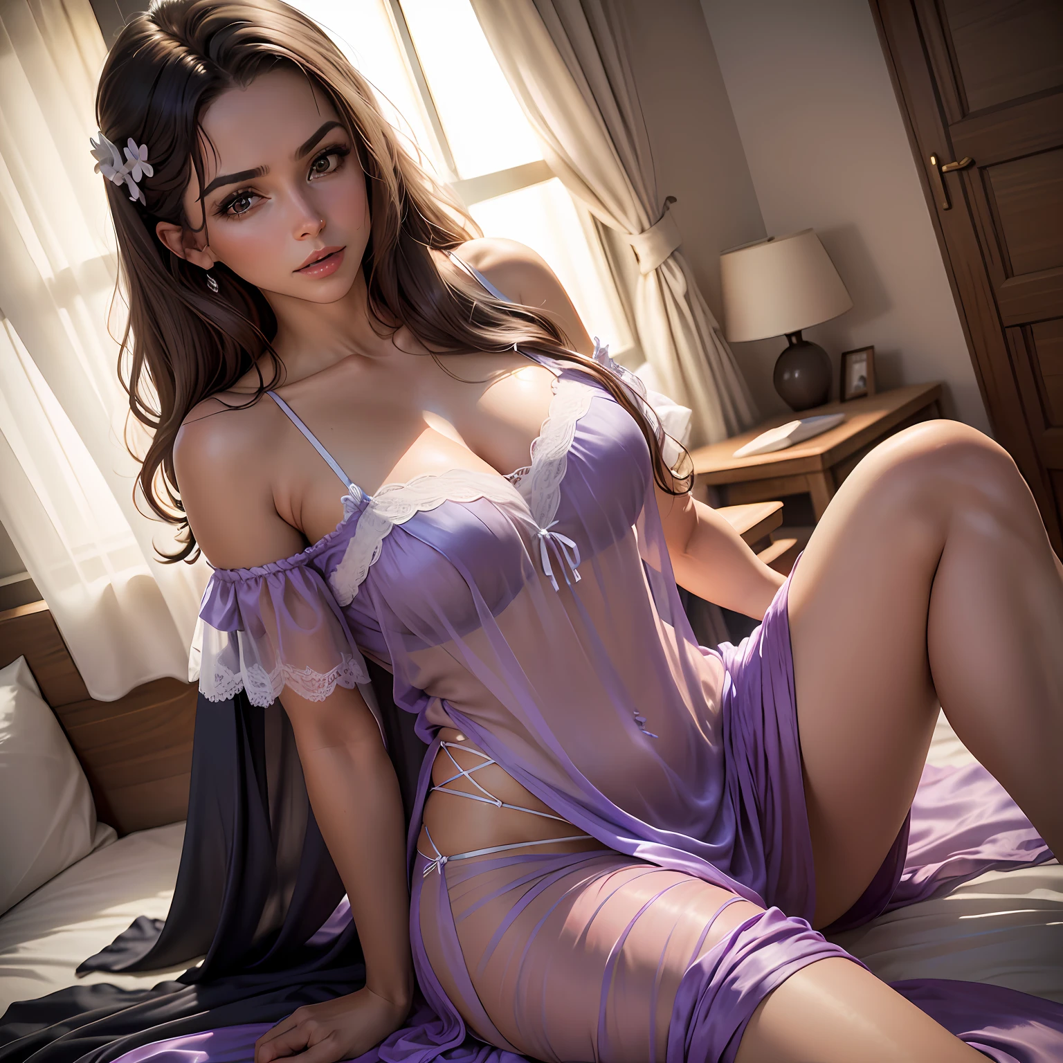 melhor qualidade, obra-prima, Ultra alto nada, (fotorrealista: 1.4), foto crua, 1 mulher, ((sexy silk nightgown)), ((seios medios)), ((bunda enorme)), (( cintura fina)), Foto tirada por Costas