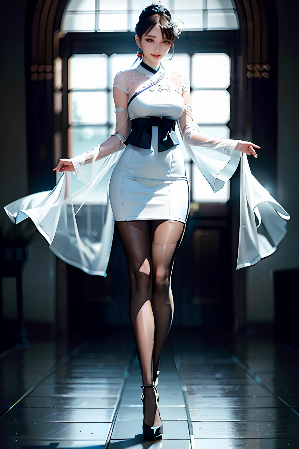 delicate,white pantyhose, masterpiece, beautiful detailed, colourful, finely detailed,detailed lips, intricate details, (1 woman:1.1), (a gorgeous beautiful 30 age years old sexy korean woman:1.1),(kpop idol, korean mixed), (tied hair:1.1), (50mm Sigma f/1.4 ZEISS lens, F1.4, 1/800s, ISO 100, photograpy:1.1), large breast,(photorealistic:1.1), solo, looking_at_viewer, tall female, ,happy smile, from_front, earrings, slim_legs, skinny, thigh_gap, model, lens flare, choker,(hanbok+see-through silhouette, wedge heels:1.3), korean commentary, korean_street, korean_traditional_house,1boy, topless