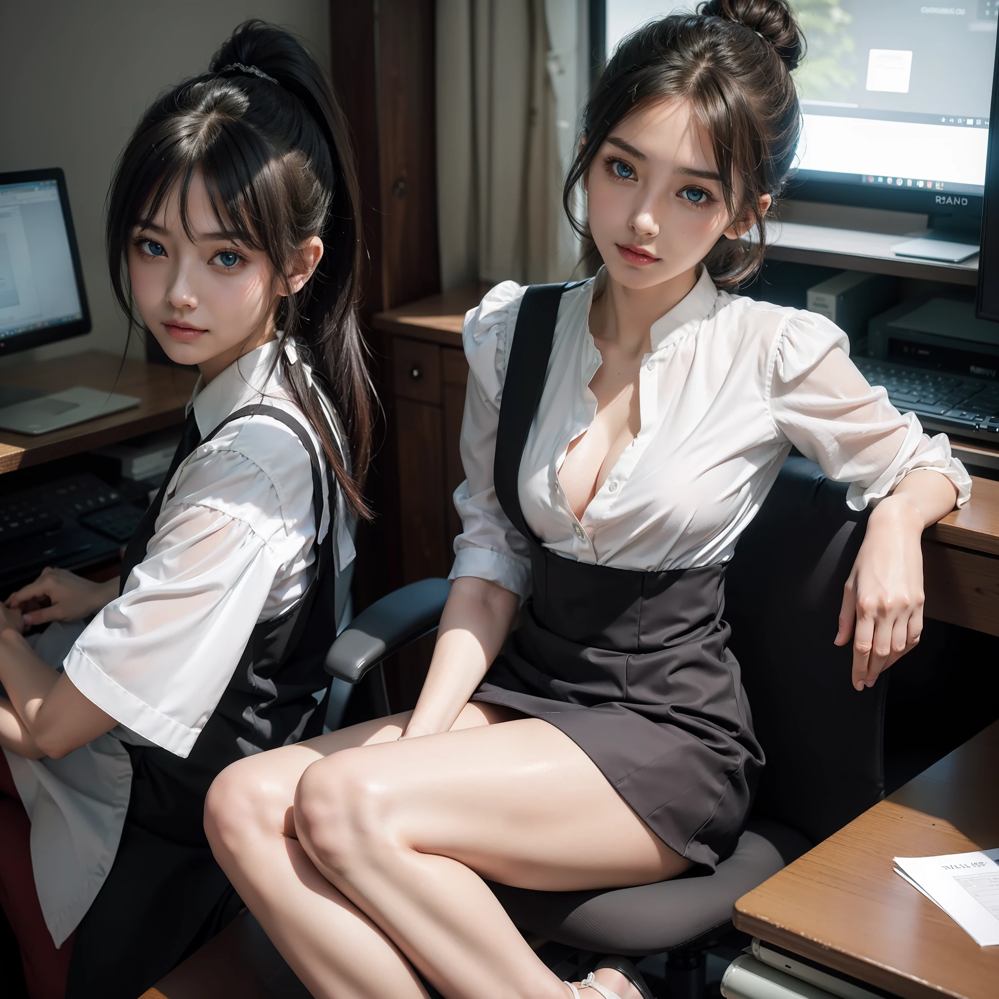 (RAW, best quality, tmasterpiece:1.5), (photo realistic, intricate details:1.2), ultra highres, absurdres, 1girl, beautiful face, blue eyes, green eyes, detailed eyes, symmetric eyes, light on face, noose blood,hair-bun、Brunette circles、clk、vests、Business suit、Pencil miniskirt、white  shirt、Silk scarf、Black tights、[:20d, :0.8]、ssmile、Small dimples、Sexual suggestiveness、The chest is very small，flatchest，big breasts thin waist、slender leg，Long legs，sitting on chair in front of desk，perfect body figure，perfectly proportions，looking at viewert，（office room，inside in room，Ultra-detailed background：1.2），jpn，copy machine，File cabinets，Computer，monitors，shiny skins, True skin texture, natural  lightting, best illuminate, Background of details, detail shaded, sharp fokus, Depth of field f/2, Saturation, hight contrast, Intense light and shadow，High ponytail，By bangs
