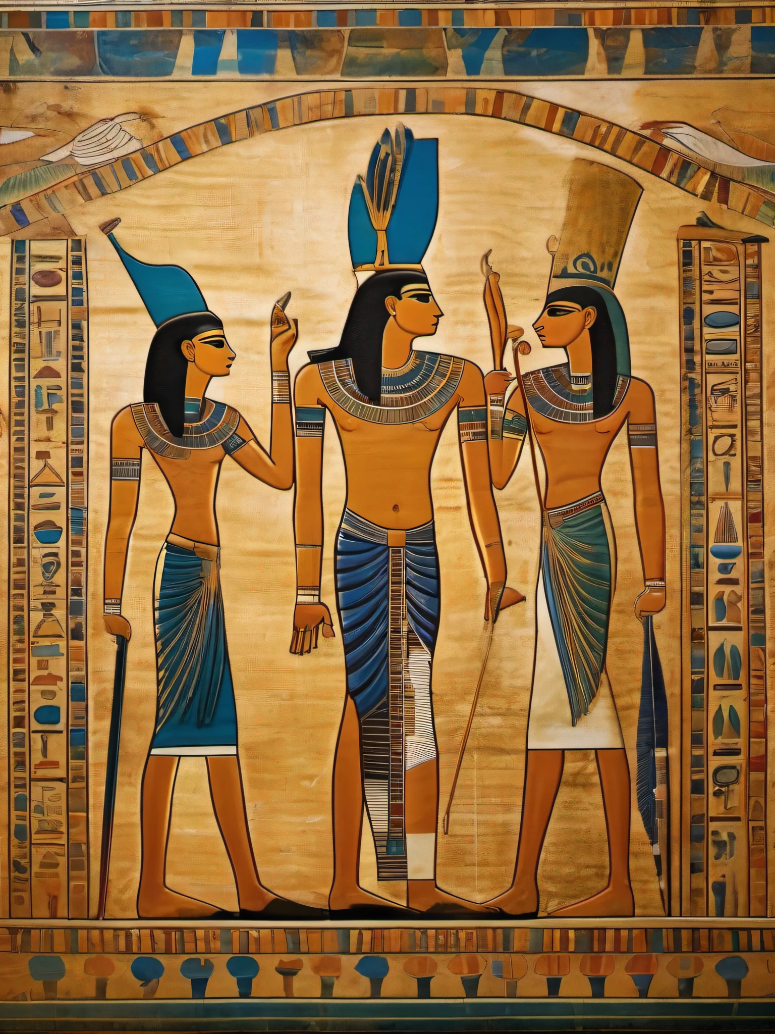 A mystic, magical (masterpiece, high resolution:1.4), (photo of Egyptian Ancient Mural, Rupestrian art:1.2). intricate details, UHD, 8k