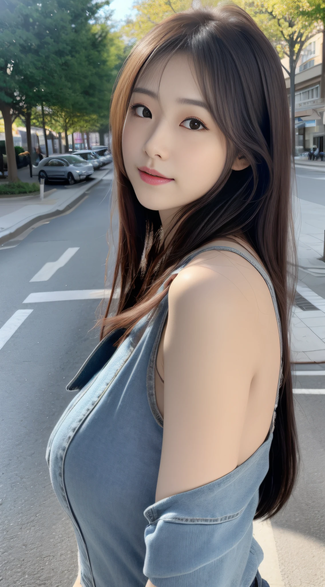 (8K, Raw photo, Best Quality, masutepiece:1.2), (Realistic, Photorealsitic:1.37), Best Quality, 超A high resolution, NFSW Backlit, light  leaks, Dynamic lighting, slim, Smooth skin,  (pureerosface_v1:1), bond, Navel, Kpop Idol, (Beautiful detailed eyes:1),(beautifull detailed face:1),(Freebuff:1.2), Outdoors, ulzzang-6500, 1girl in, Standing, Upper body, (:1.2), ,  from the front side, Front view,  Looking at Viewer, Huge breasts, arms behind back, Street, Sunlight,