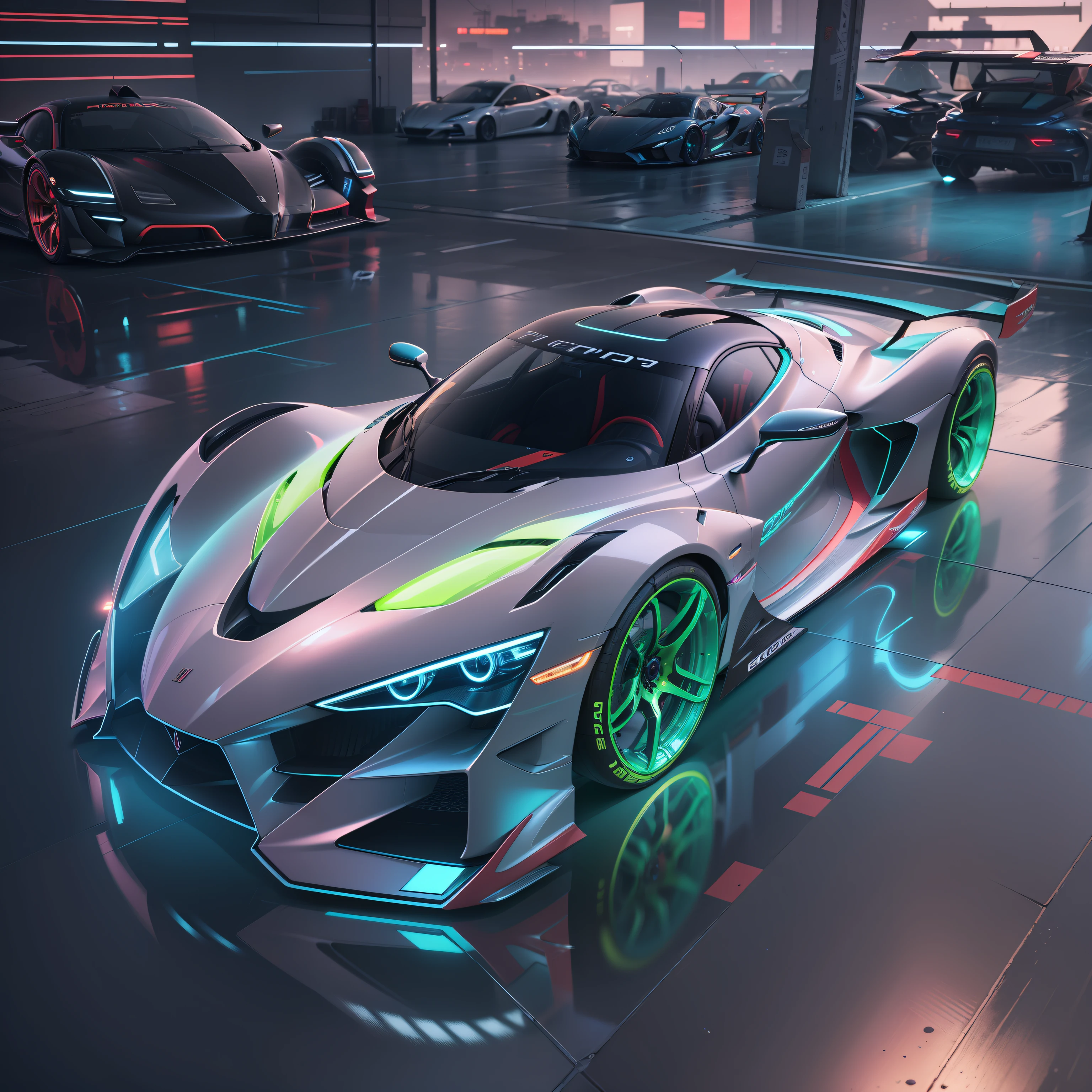 1 transparent supercar，Color transparent plastic，cyber punk perssonage，industrial design，Stylish body design，Sophisticated structural design，cleanness，Brilliant neon lights，white backgrounid，ultra-realistic realism，hyper HD，high detal，best qualtiy，4K