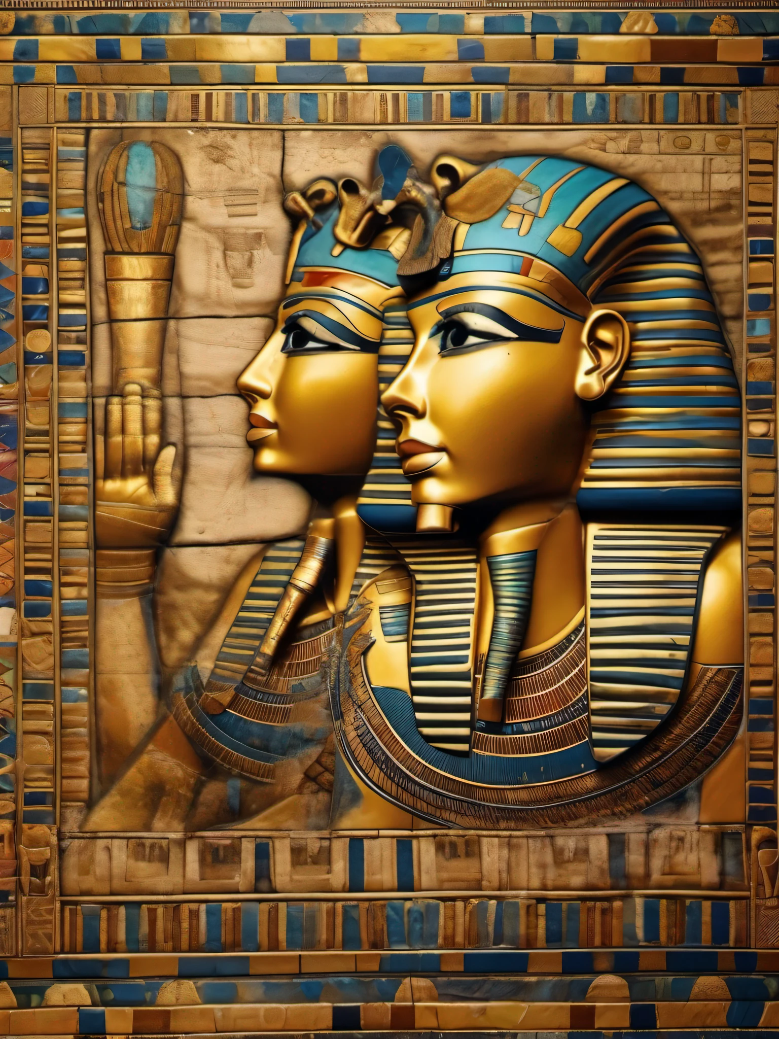 A mystic, magical (masterpiece, high resolution:1.4), (photo of Egyptian Ancient Mural, Rupestrian art of Tutankhamun:1.2). intricate details, UHD, 8k