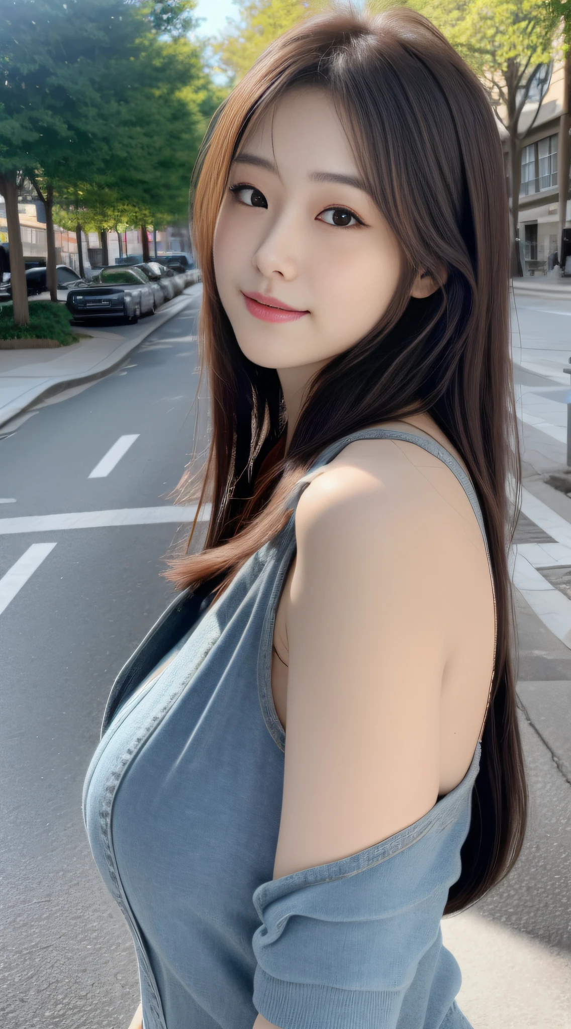 (8K, Raw photo, Best Quality, masutepiece:1.2), (Realistic, Photorealsitic:1.37), Best Quality, 超A high resolution, NFSW Backlit, light  leaks, Dynamic lighting, slim, Smooth skin,  (pureerosface_v1:1), bond, Navel, Kpop Idol, (Beautiful detailed eyes:1),(beautifull detailed face:1),(Freebuff:1.2), Outdoors, ulzzang-6500, 1girl in, Standing, Upper body, (:1.2), ,  from the front side, Front view,  Looking at Viewer, Huge breasts, arms behind back, Street, Sunlight,