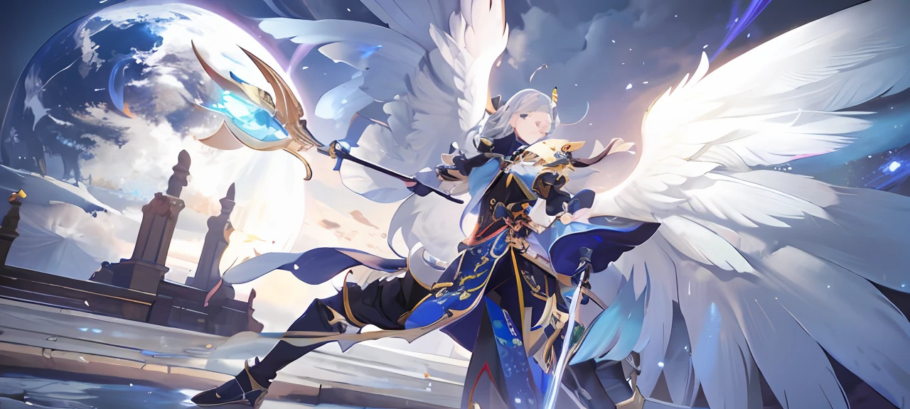 imagem arafed de um homem com asas e uma espada, Arqueiro alado, por Yang J, 2. 5 d cgi anime fantasia arte, Armor angle with wing, arcanjo, Artista CG, arte oficial altamente detalhada, fanart melhor artstation, Keqing de Genshin Impact, cg arte, inspirado por Huang Shen, rossdraws global illumination