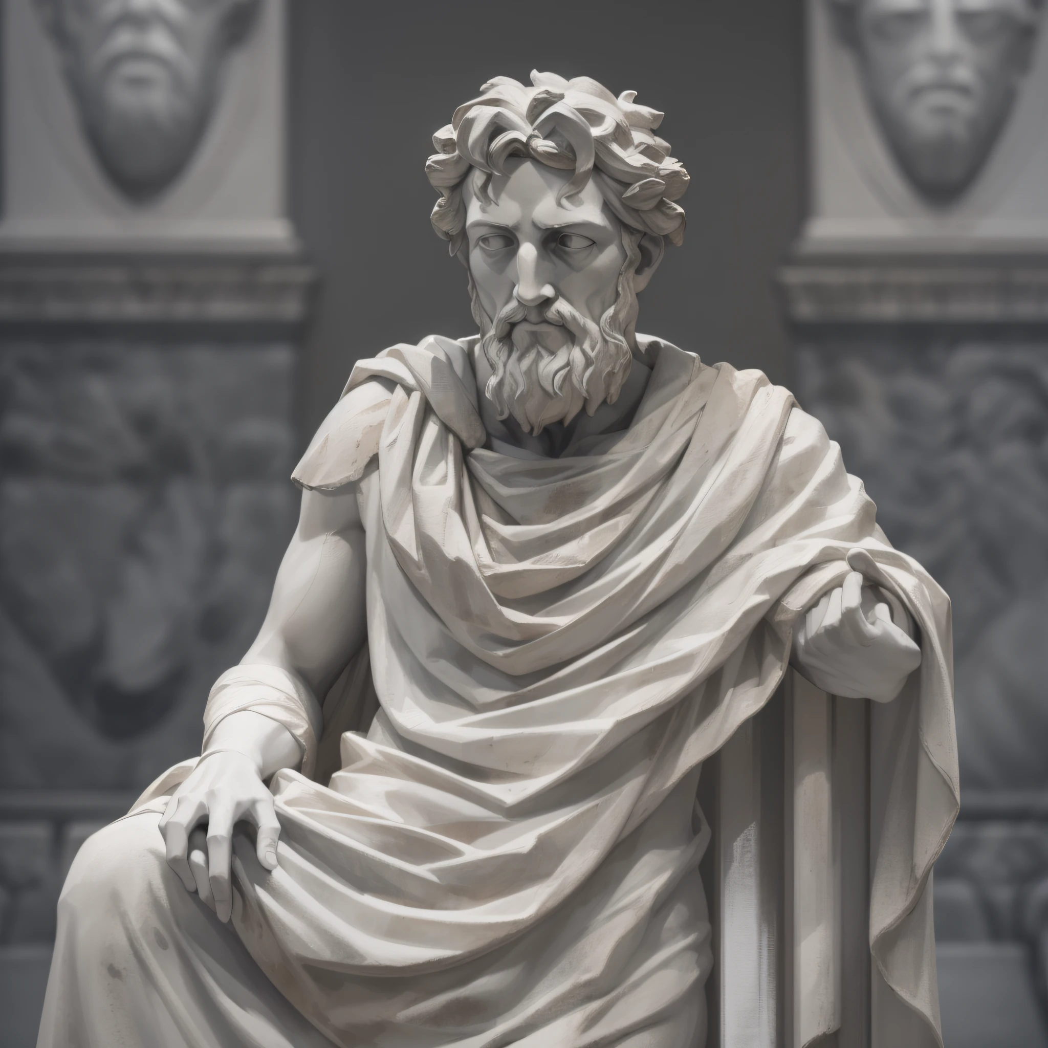 A realistic Greek white marble statue of Marcus Aurelius thoughtful detailed wearing a ghostly toga, fundo neutro, Moody, , fotorrealista, thoughtful movie dinner, super detalhada, hiper realista, luzes brilhantes, 8 K