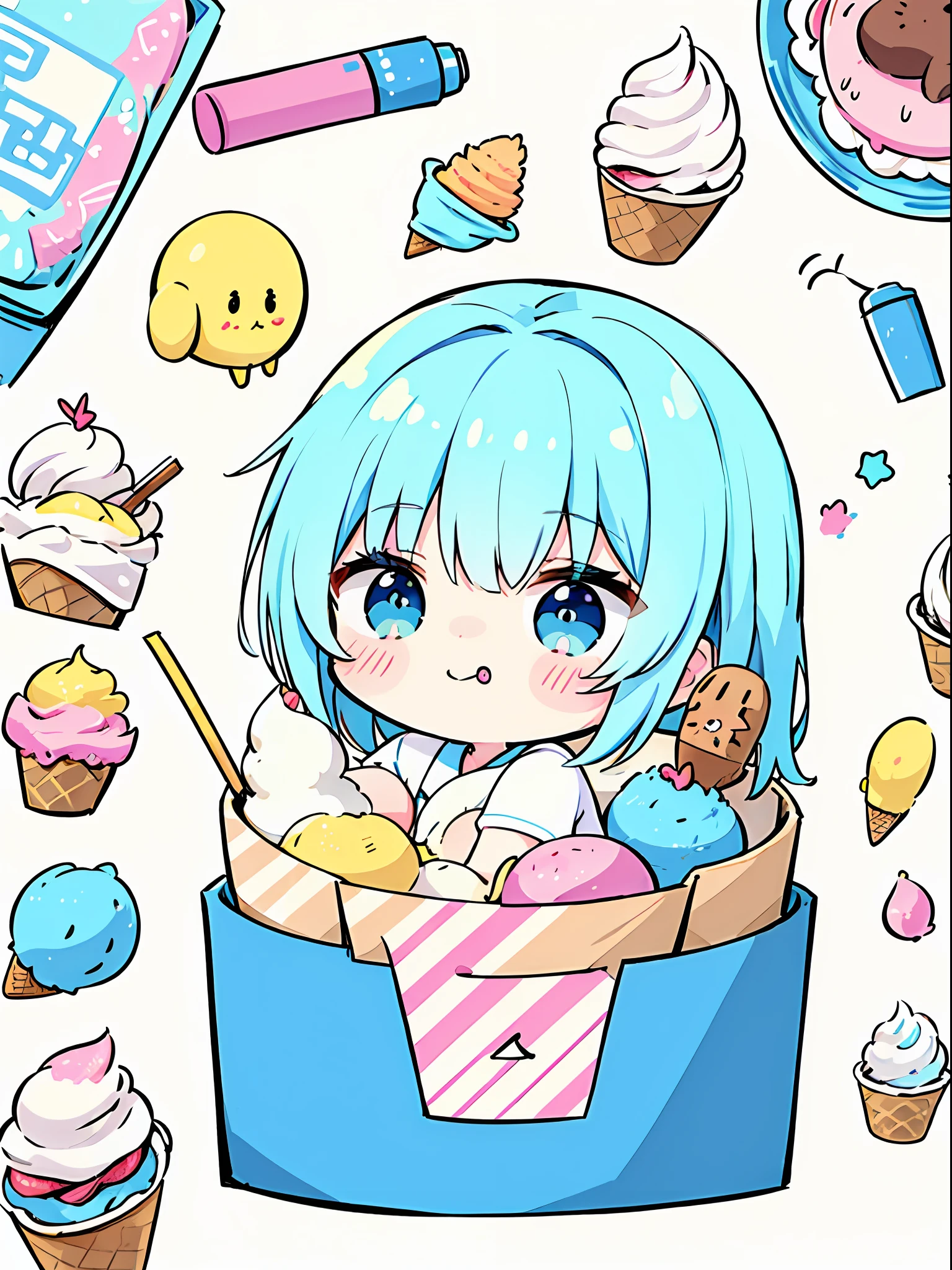 ​masterpiece, handdraw, Pop illustrations, Pop colors, PastelColors, colourfull, man,High school students, Chibi, After school,Eat while walking, soft ice cream, Looks fun