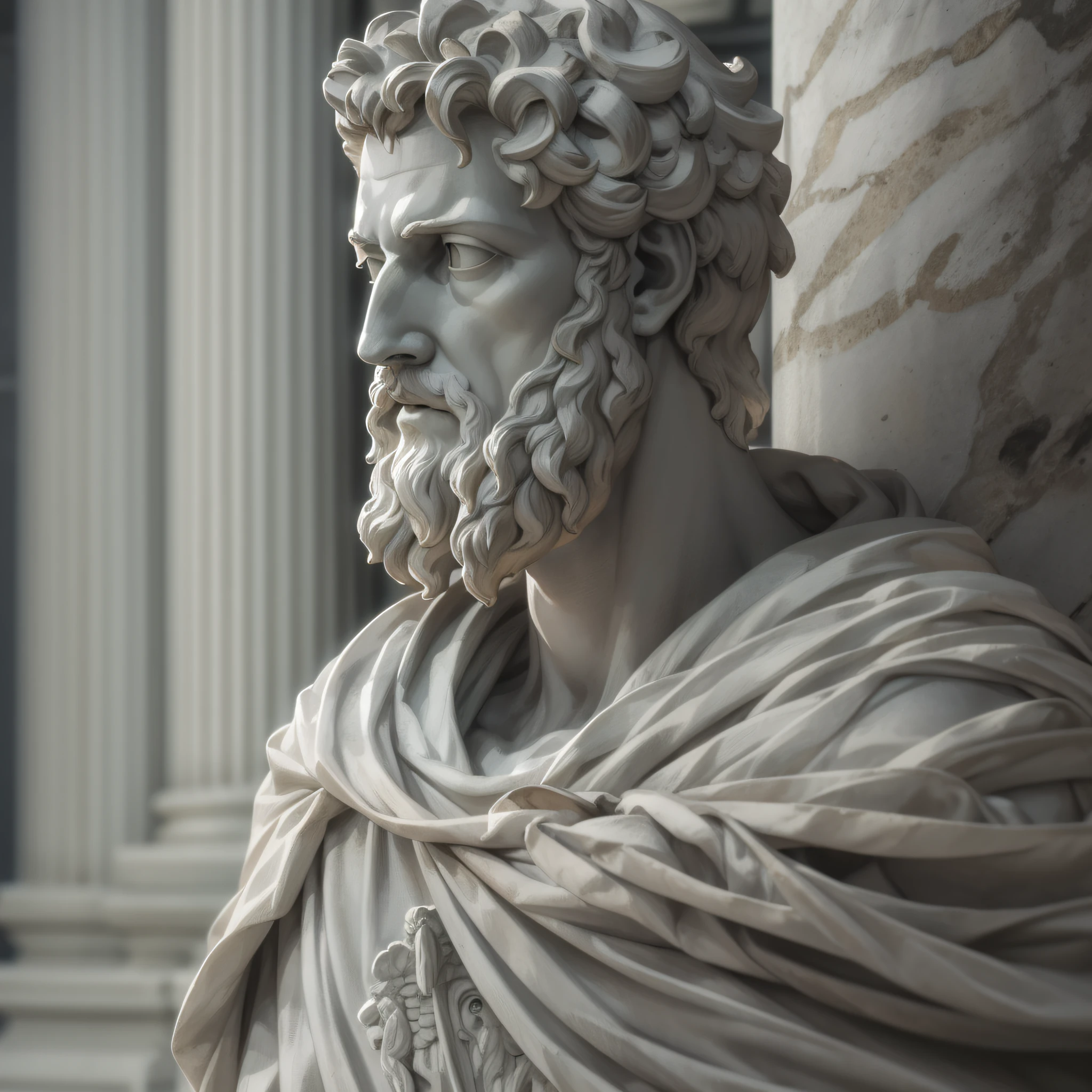 A realistic Greek white marble statue of Marcus Aurelius thoughtful detailed wearing a ghostly toga, fundo neutro, Moody, , fotorrealista, thoughtful movie dinner, super detalhada, hiper realista, luzes brilhantes, 8 K