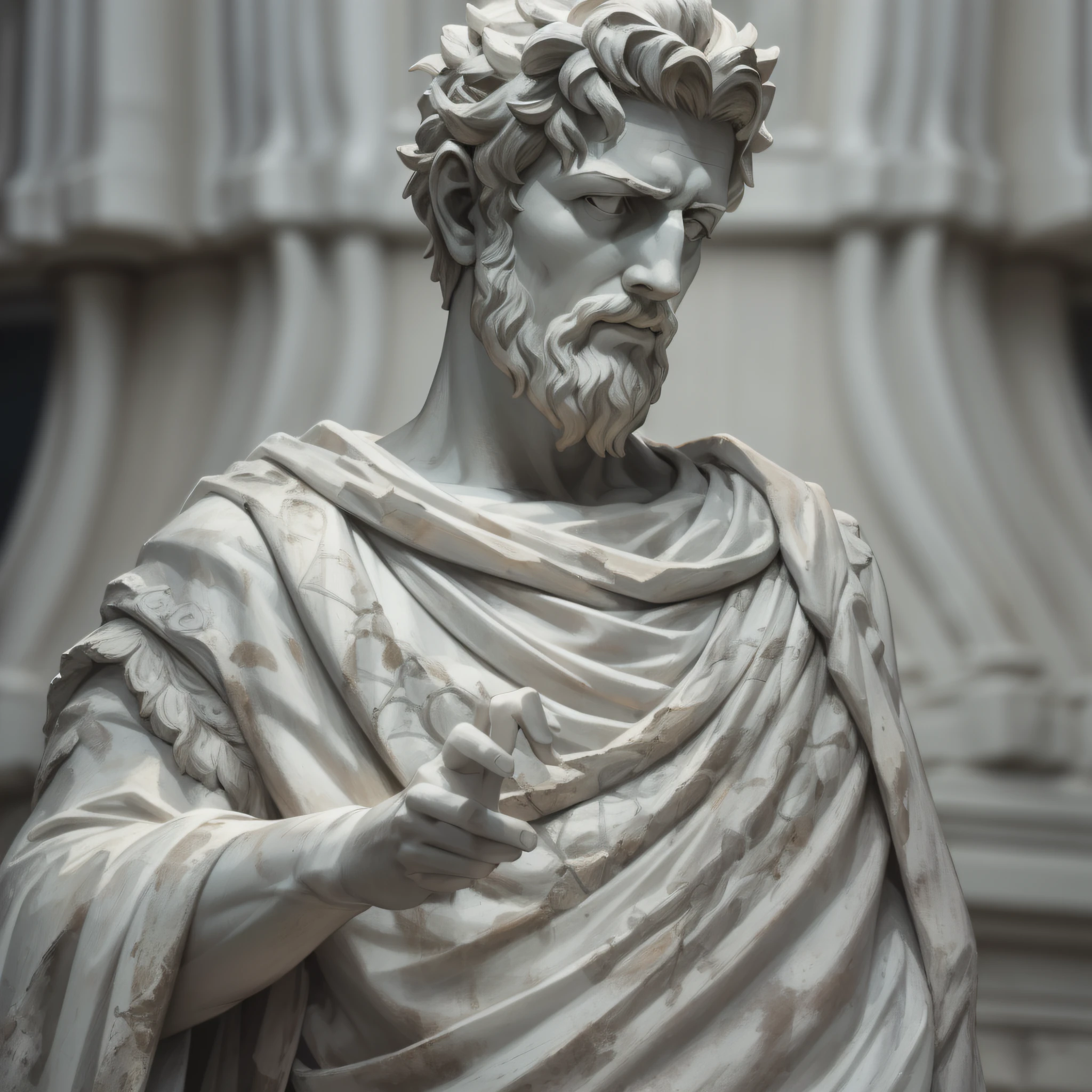 A realistic Greek white marble statue of Marcus Aurelius thoughtful detailed wearing a ghostly toga, fundo neutro, Moody, , fotorrealista, thoughtful movie dinner, super detalhada, hiper realista, luzes brilhantes, 8 K