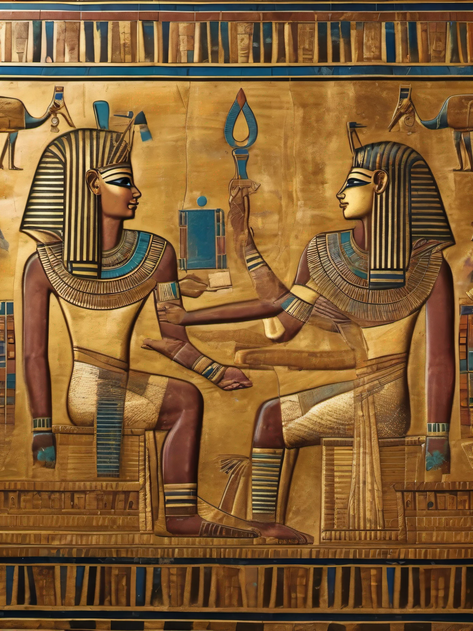 A mystic, magical (masterpiece, high resolution:1.4), (photo of Egyptian Ancient Mural, Rupestrian art of Tutankhamun:1.2). intricate details, UHD, 8k