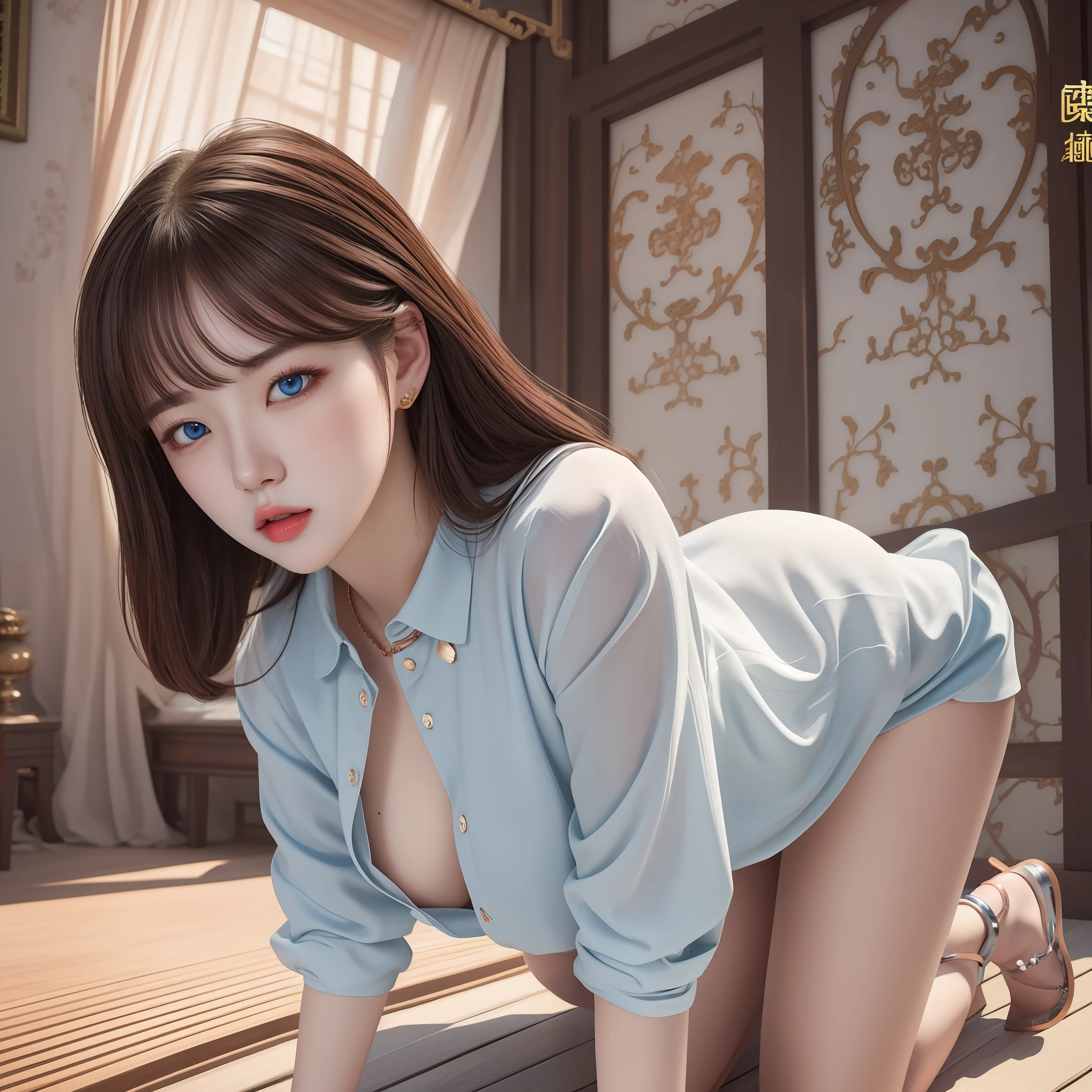 (hyperrealistic), (illustration), (high resolution), (8K), (extremely detailed), (best illustration), (beautiful detailed eyes), (best quality), (ultra-detailed), (masterpiece), (wallpaper), (photorealistic:1.4), (natural light), (rim lighting), (detailed face), high detailed realistic skin texture, anatomically correct, solo, 1 girl, (high detailed realistic long hair:1.25), (beautiful Rosy Zhao:1.5), (beautiful cute European girl:1.7), heterochromic eyes, (detailed blue eyes), small moles under the eyes, (big breasts:1.5), long legs, tight abs, dynamic pose,