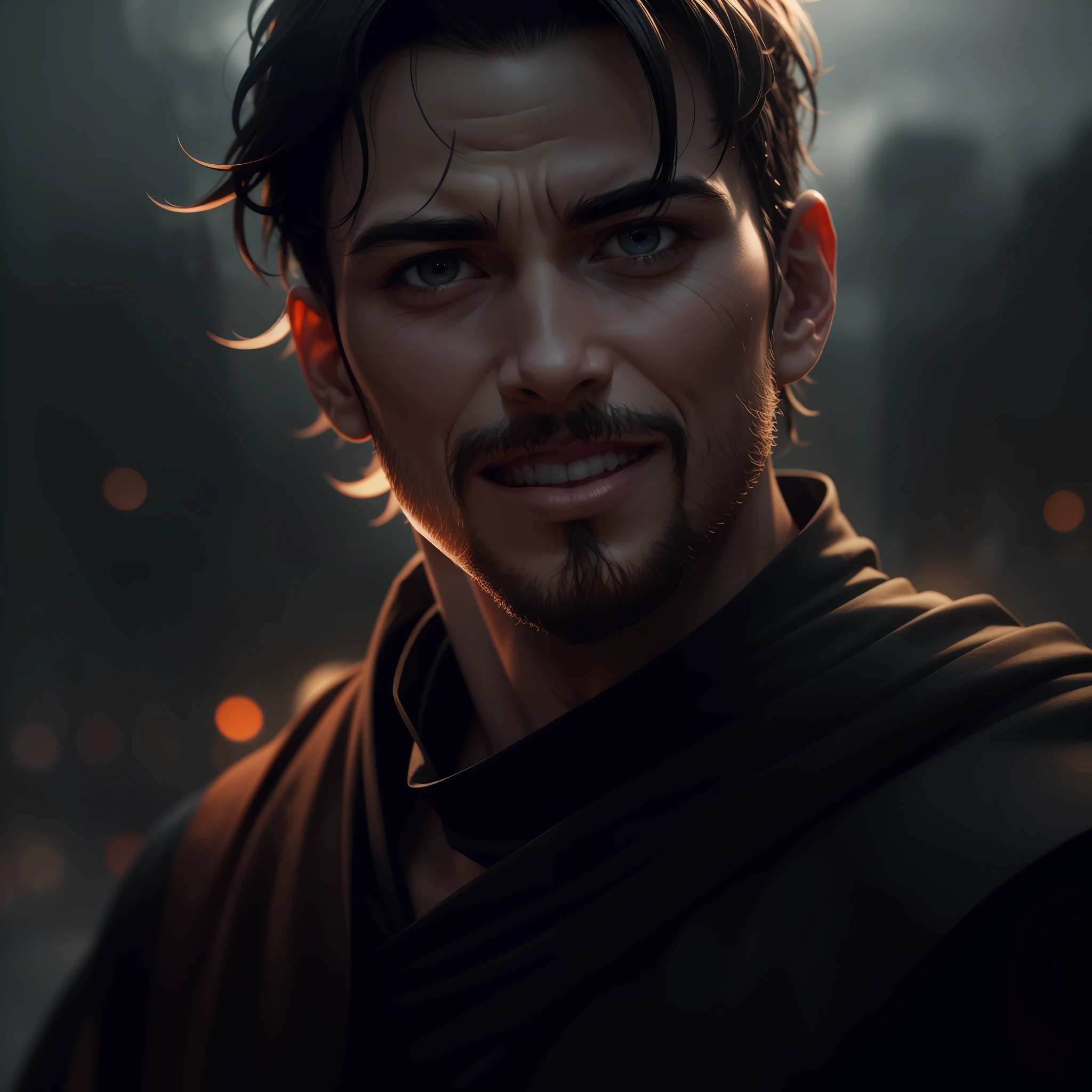 (sharp focus:1.2), an award winning photo of an man monk Orange, black outside, lightning back lighting, smiling, happy, extremely detailed skin, hopelessness ,cloudy eyes, (deep shadows:1.1), high contrast, beautiful eyes, absurdres, 8k, (high quality:1.3), , artstation hd, concept art, detailed face and body, award-winning photography, (moody lighting:1.2), depth of field, bokeh, 4K, HDR