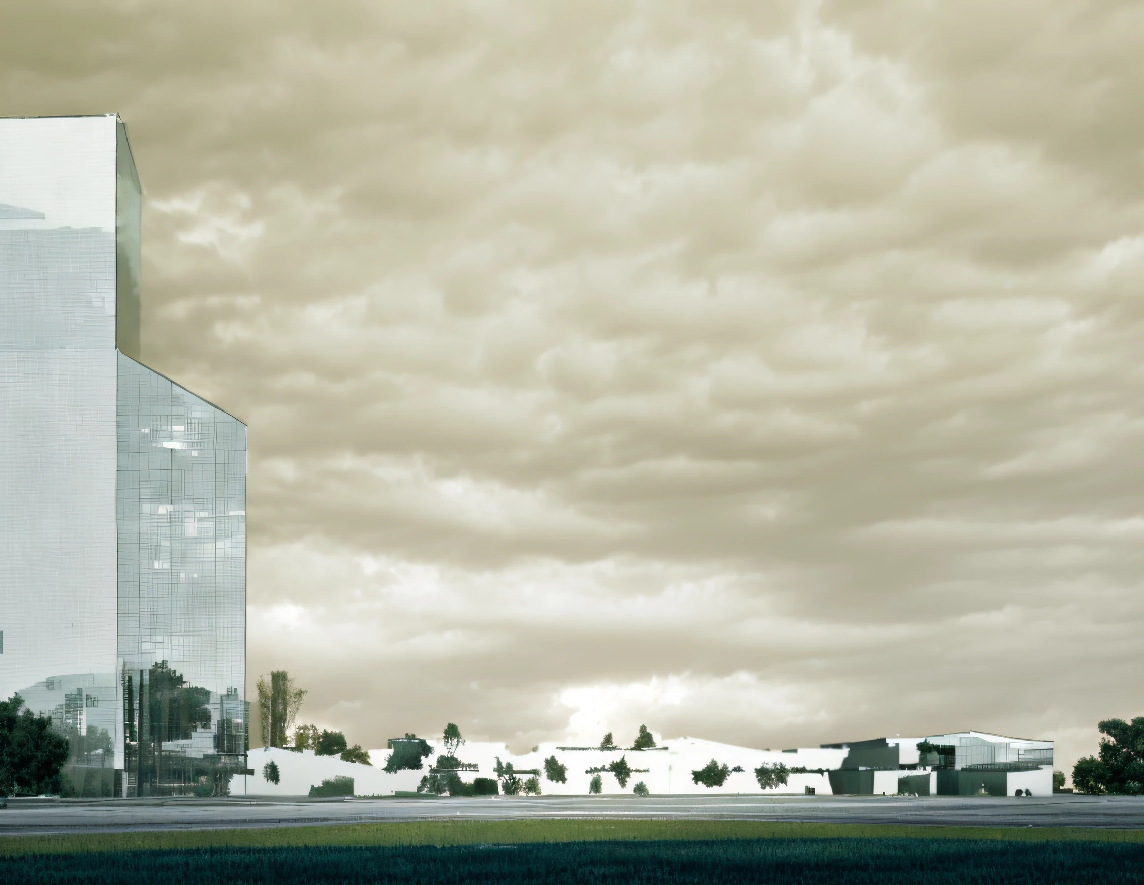 "Wide angle establishes lens perspective view，The building is rendered at a low angle towards an isometric perspective view，Detailed façade design，Building façade with many windows，grassy fields，lamplight"