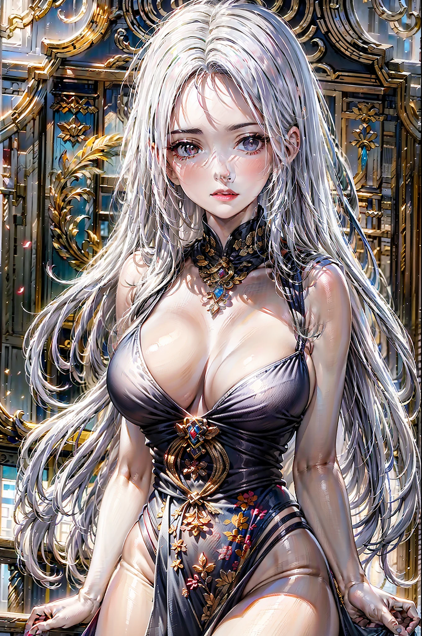 The most beautiful rose bush imaginable and an incredibly elegant young woman, superbly hairstyled, Espectacularmente maquillada y con un vestido deslumbrantemente en colores dorados, negros y grises fabuloso. In a dream garden on a magical night. (obra maestra) (mejor calidad)