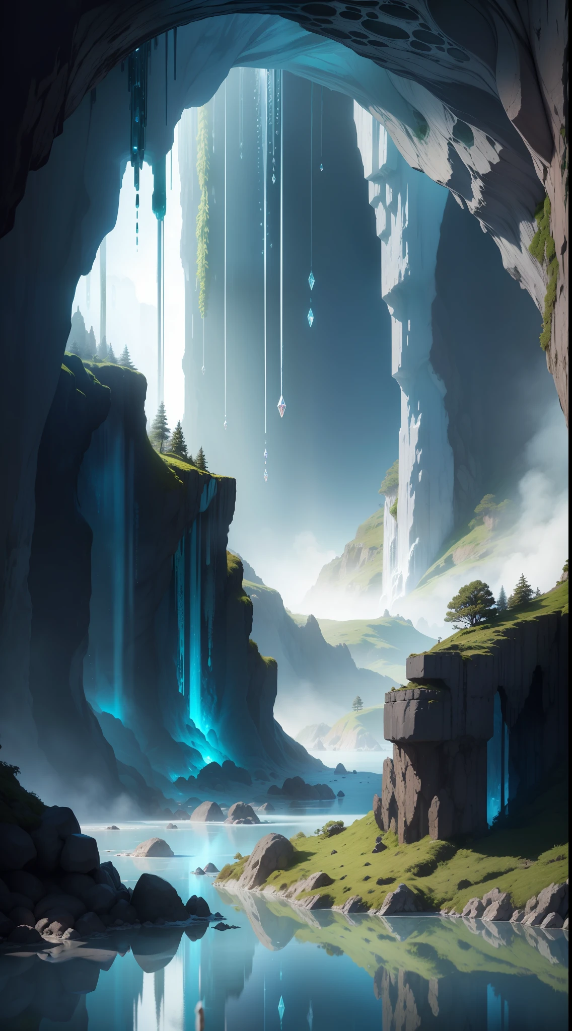 Caverna de cristais verdes e azuis brilhantes, cristais verdes e azuis, cristais brilhantes, muitos cristais, tons de verde e azul, cristais bonitos e brilhantes, damp place with puddles of water where crystals are reflected, imagem em alta qualidade extremamente detalhada e perfeita sem erros, caverna de cristais linda