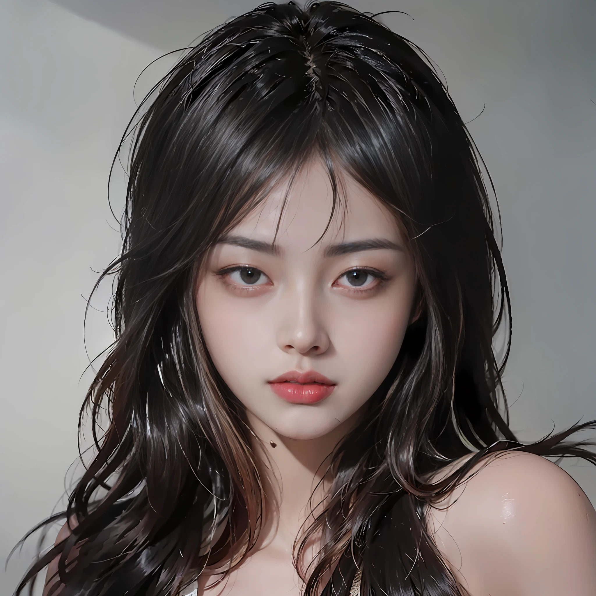 (8k, 4k, best quality, high resolution, ultra:1.1), (masterpiece, realistic, photorealistic:1.1), 1girl, face, close-up, shoulder length hair, blonde hair , black eyes, red lips, (seen in viewer:2), long eyelashes, eyeshadow, small face, big eyes, bare shoulders, high contrast,