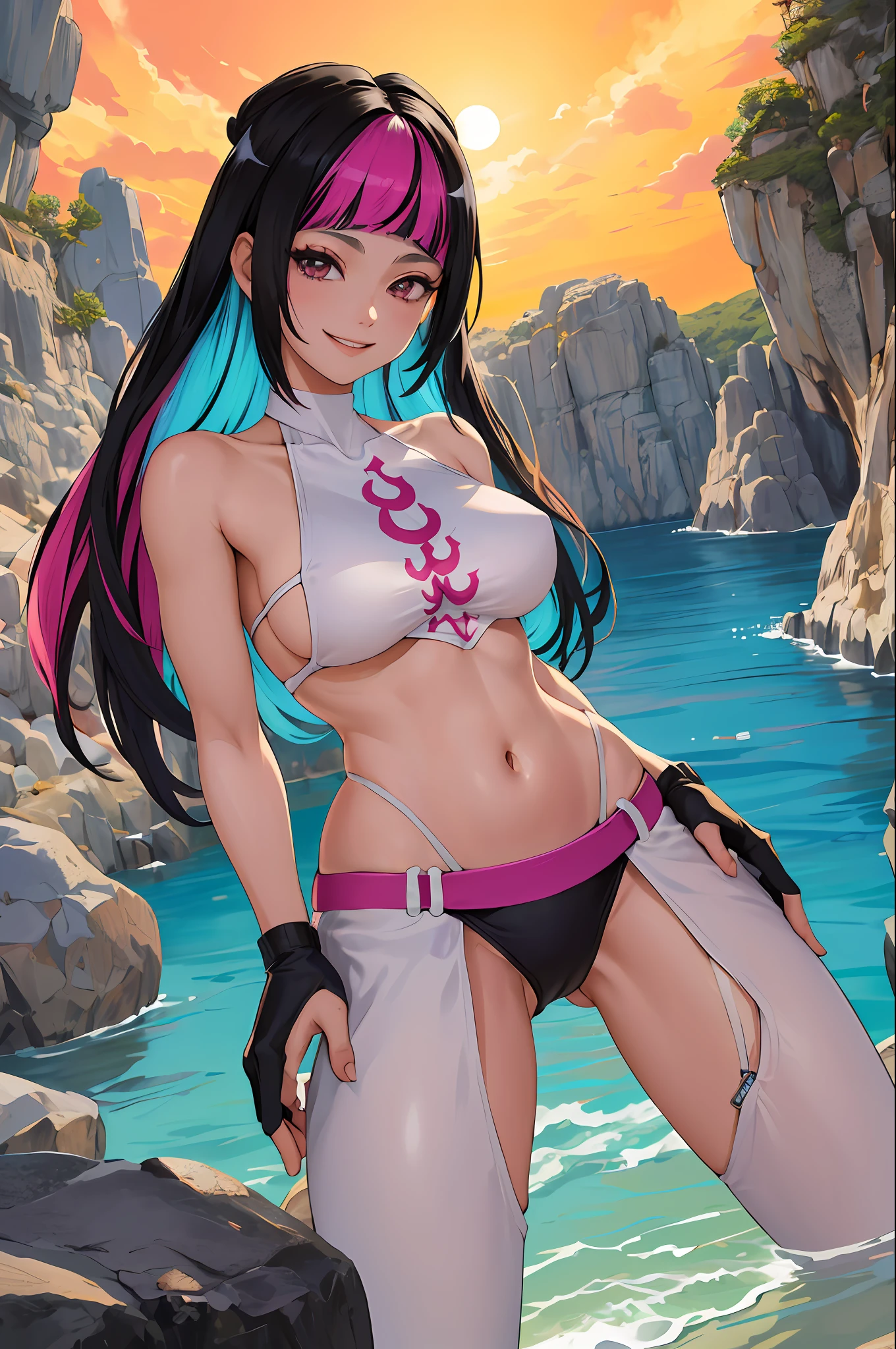 obra-prima, melhor qualidade, highres, thrjuri, cabelo multicolorido, olhos roxos, bikini, seios grandes, bunda grande, coxa grossa, standingn, tiro de cowboy, sorriso maligno,