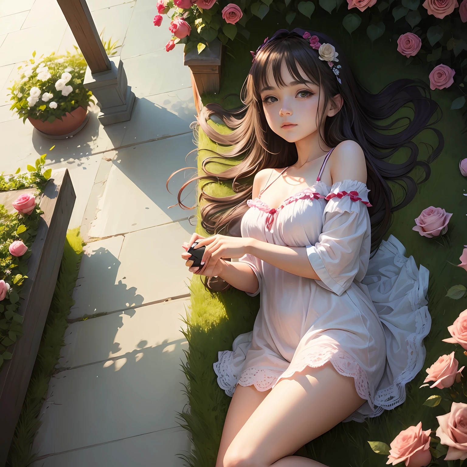 On an early summer morning,Lazy and beautiful girl,Roses in hand --auto