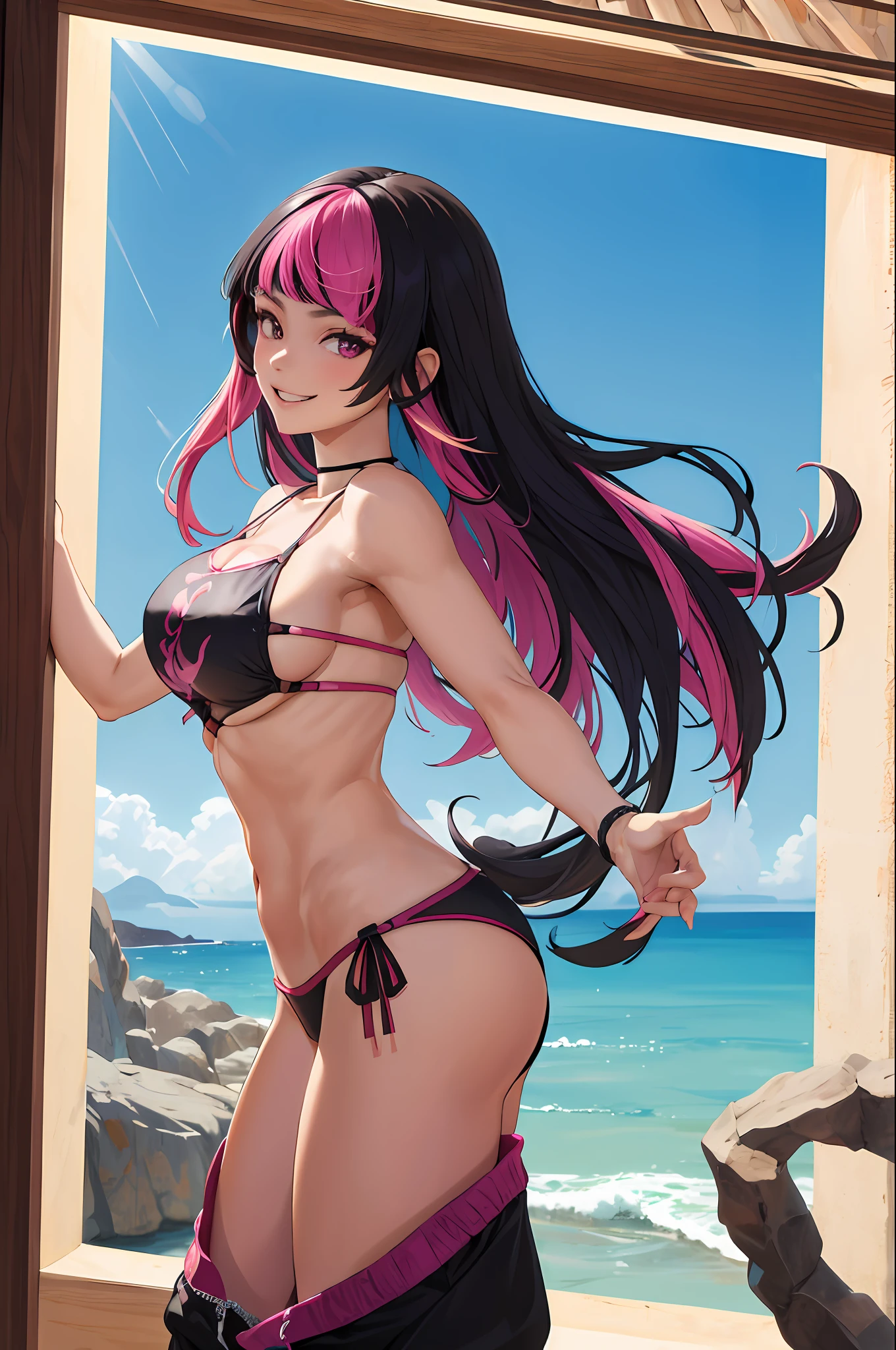 obra-prima, melhor qualidade, highres, thrjuri, cabelo multicolorido, olhos roxos, bikini, seios grandes, bunda grande, coxa grossa, standingn, tiro de cowboy, sorriso maligno,