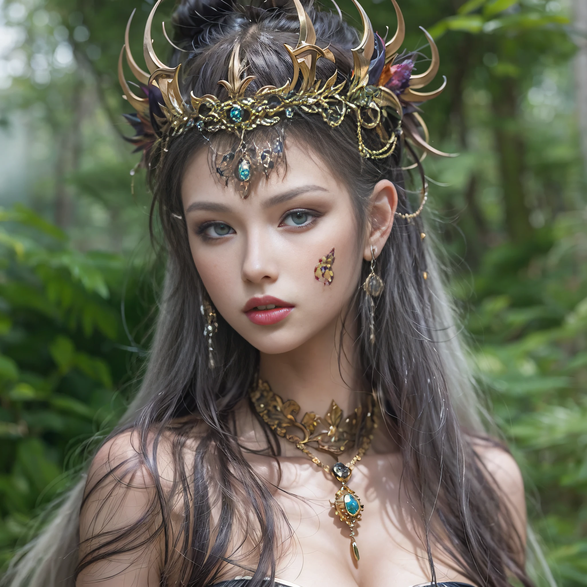 ((​masterpiece)、(top-quality)、(reallistic))、beautiful queen:1.4、Bondage style、latex shiny、By Luis Royo:1.4、1girl in、Sexy Daughter、Attractive earrings with impressive beauty、a choker、a necklace、piercings、(Super beauty)、Super Ultra Ultra Bikini、standingn、fullllbody:1.4、(Beauty in return)、Fantastic mythological landscape