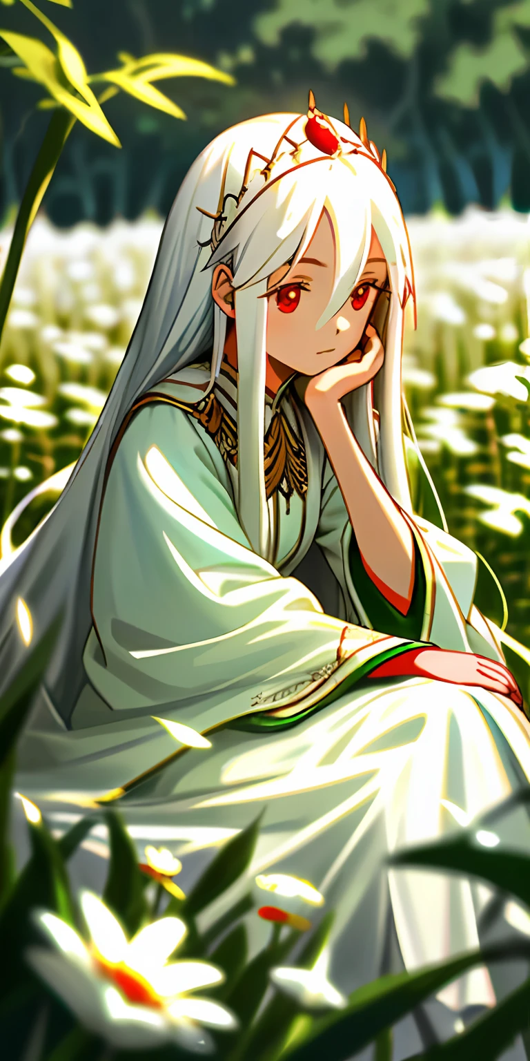 (tmasterpiece,best qualtiy),1 girl with long white hair sitting in a field of greenery and flowers,her hand under her chin,warmly lit,white dresses,Blurred foreground, white hair, red eyes, ancient costume, gentle