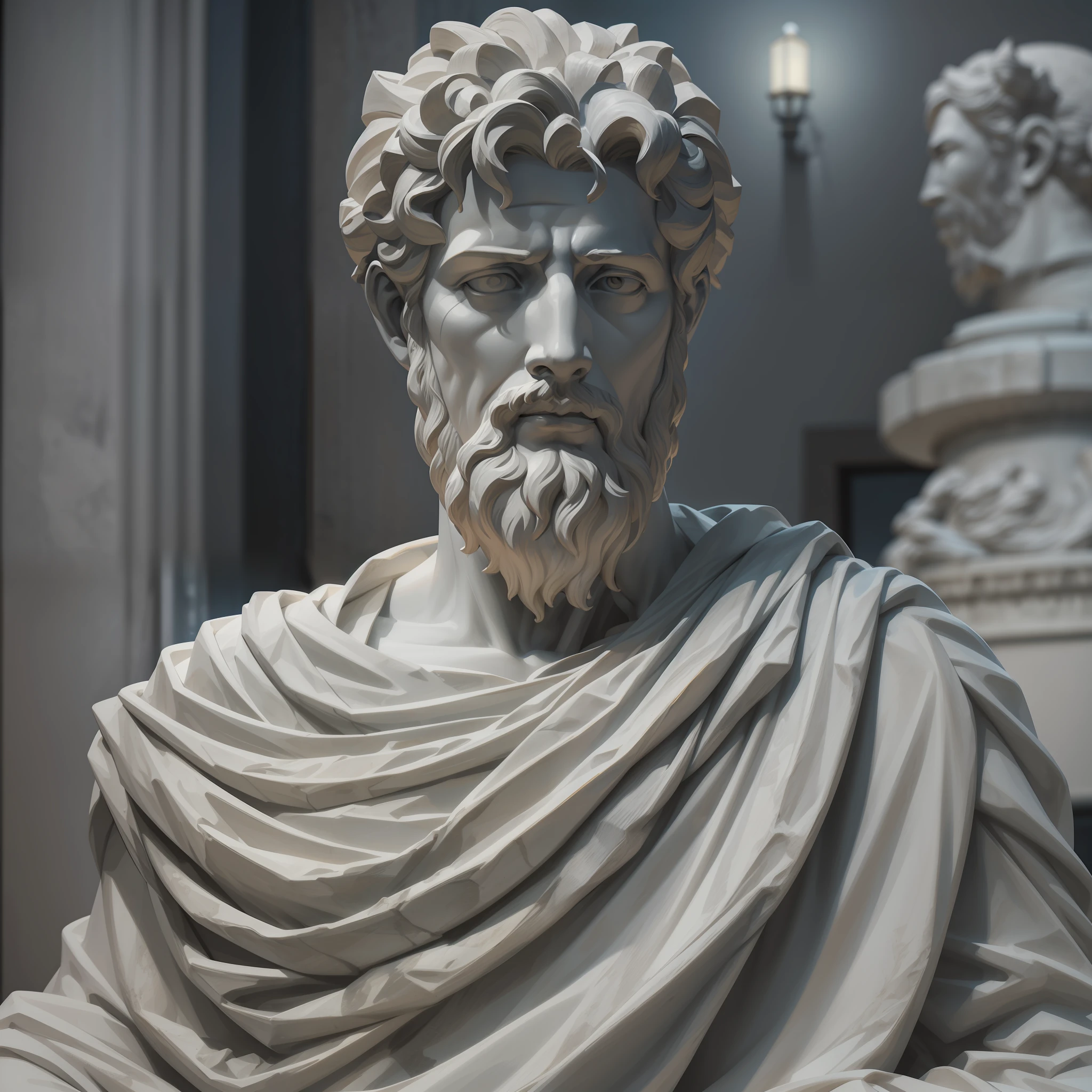 A realistic Greek white marble statue of Marcus Aurelius thoughtful detailed wearing a ghostly toga, fundo neutro, Moody, , fotorrealista, thoughtful movie dinner, super detalhada, hiper realista, luzes brilhantes, 8 K