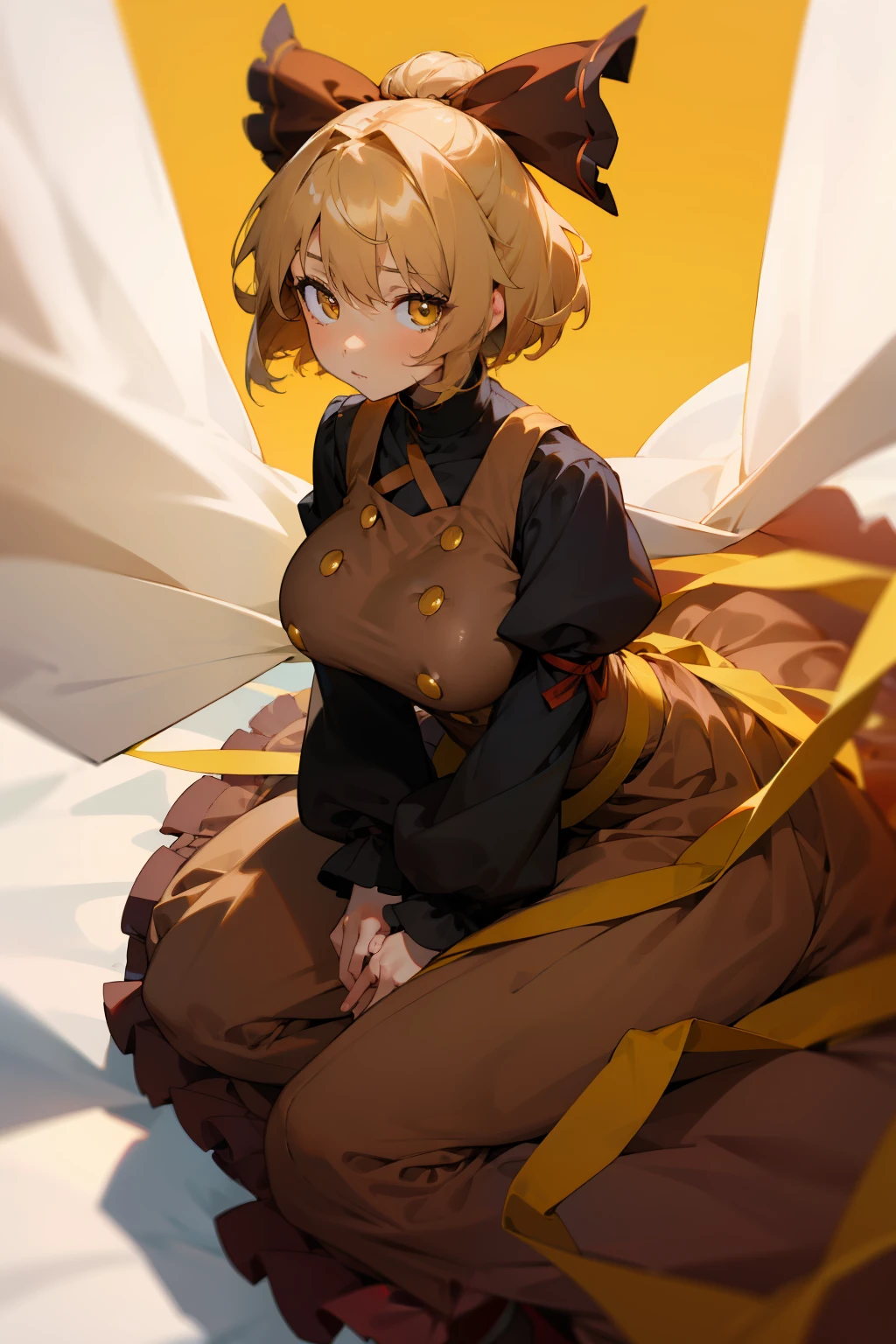 (masterpiece),best quality, expressive eyes, perfect face, 1girl,
big breast, H-cup, good breast, beautiful, gorgeous,anime,girl,lora, floating clothes,w sitting, w sitting on ground, legs on ground, short hair, yellow eyes, leaf hair ornament,red shirt,skirt,long sleeves,curtain chest ,hands on hips, hands on waist,kurodani yamame,
hair bow,
yellow eyes,
brown dress,
long sleeves,
silk,
spider web,