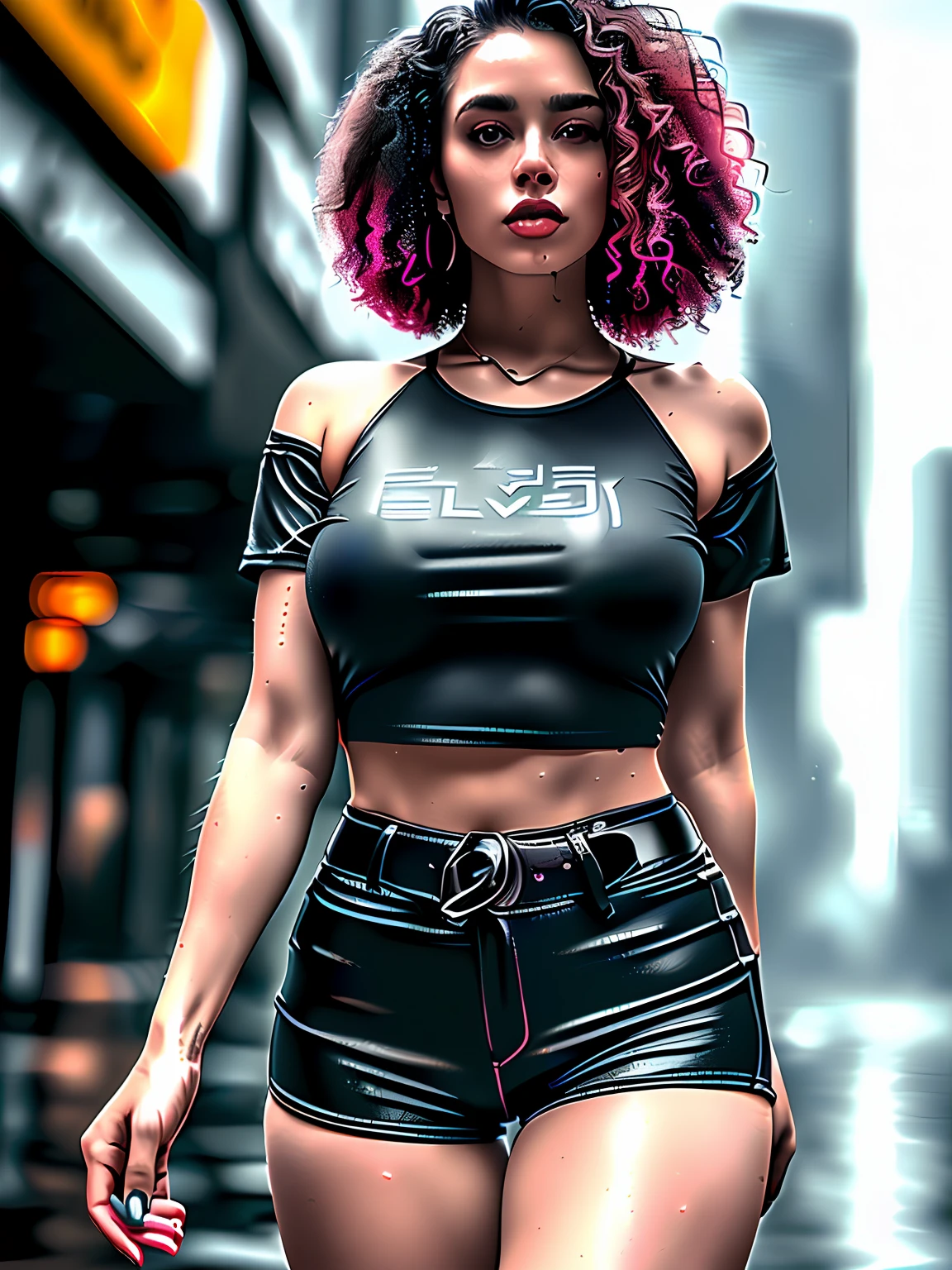 Gorgeous woman with wavy curls detailing seductive eyes thigh gap long sexy legs wearing small shorts T-shirt in beautiful futuristic cyberpunk+ City, Mist, Wet, rained, Best quality masterpiece, Photorealistic, Detailed, 8K, hdr, Shallow depth of field, nguanglf, High contrast, back lit lighting, full bloom, glittery, color difference, Sharp focus, RAW color photo