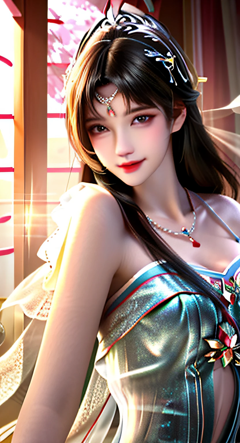Best quality, masterpiece, high resolution, 1girl, clear silk porcelain dress, beautiful face, hair accessories, looking at the audience, smiling, close your mouth, lips, dress, hair accessories, necklaces, jewelry, long hair, earrings, beautiful face, on the body, Tindal effect, realism, dark studio, edge lighting, two-tone lighting, (high detail skin: 1.2), 8k UHD, DSLR, soft light, high quality, volumetric lighting, photo, high resolution 4K, 8k, blurred background